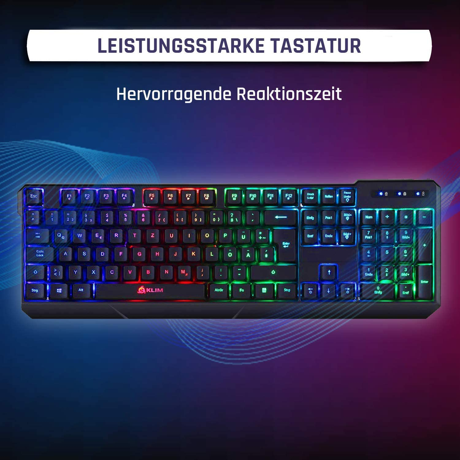 RGB-Tastatur mit mehreren Farben, Text 'LEISTUNGSSTARKE TASTATUR', blauer und violetter Hintergrund.