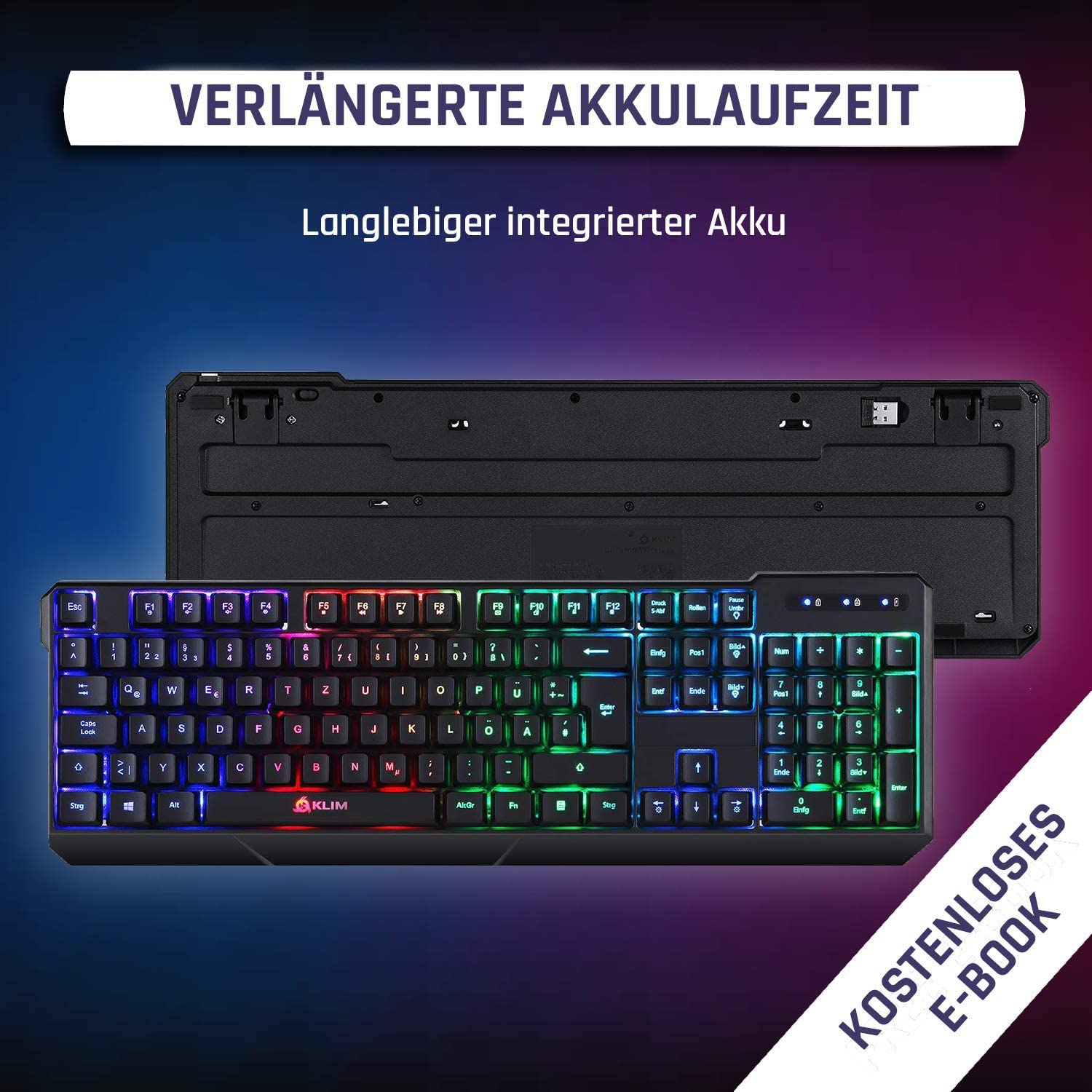 Schwarze, beleuchtete Tastatur mit mehrfarbigen Tasten auf dunklem Hintergrund.