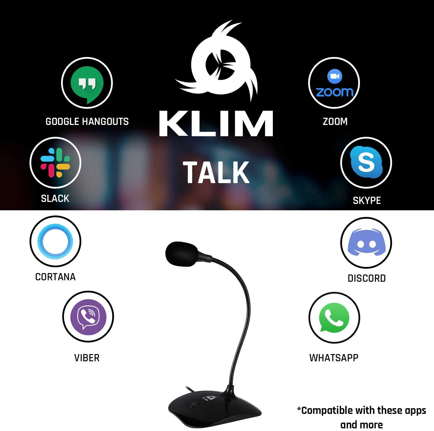 Schwarzes Klim Talk Mikrofon mit App-Logos. Text zeigt App-Kompatibilität.