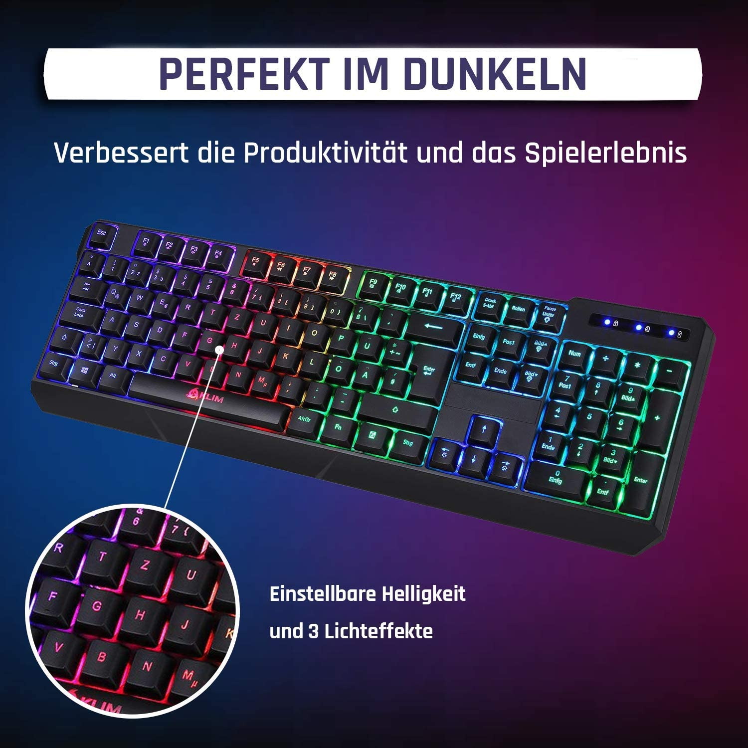 Schwarze Tastatur mit farbig beleuchteten Tasten, vor lebendigem Hintergrund.