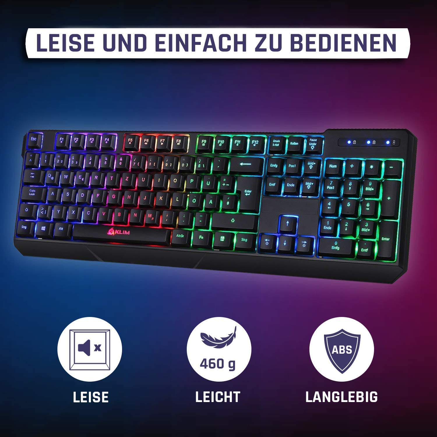 Hintergrundbeleuchtete Tastatur mit mehrfarbigen Tasten auf Gradientenhintergrund, mit Produktsymbolen.