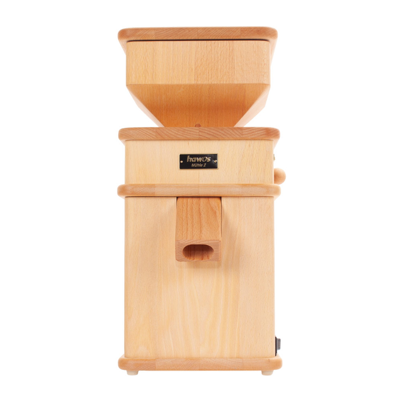 Holz-Getreidemühle mit Trichter, Mahlbereich und Kurbel auf Weiß.