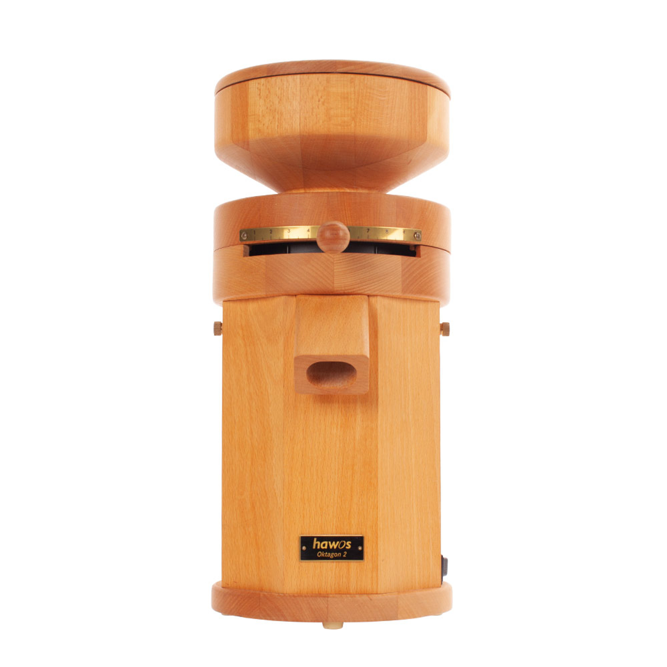 Getreidemühle aus Holz mit Trichter und Auslauf. Sie hat einen hölzernen Körper und einen Metallgriff.