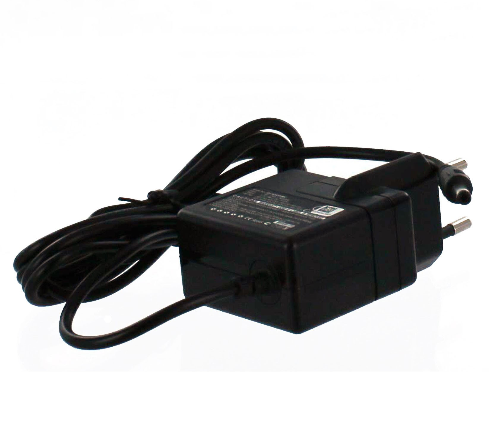 Schwarzer AC-Adapter mit schwarzem Kabel und Zweipol-Stecker. Der Adapter hat ein schwarzes Netzkabel.