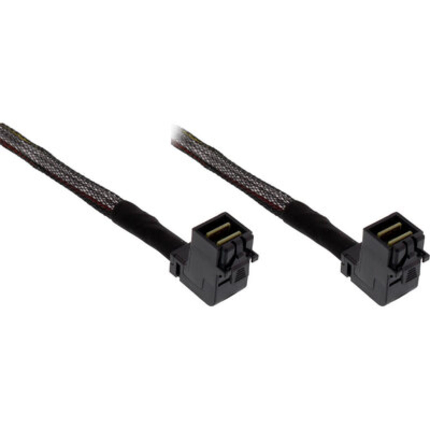 Zwei schwarze SATA-Stromkabel, jedes mit einem schwarzen Stecker am Ende.