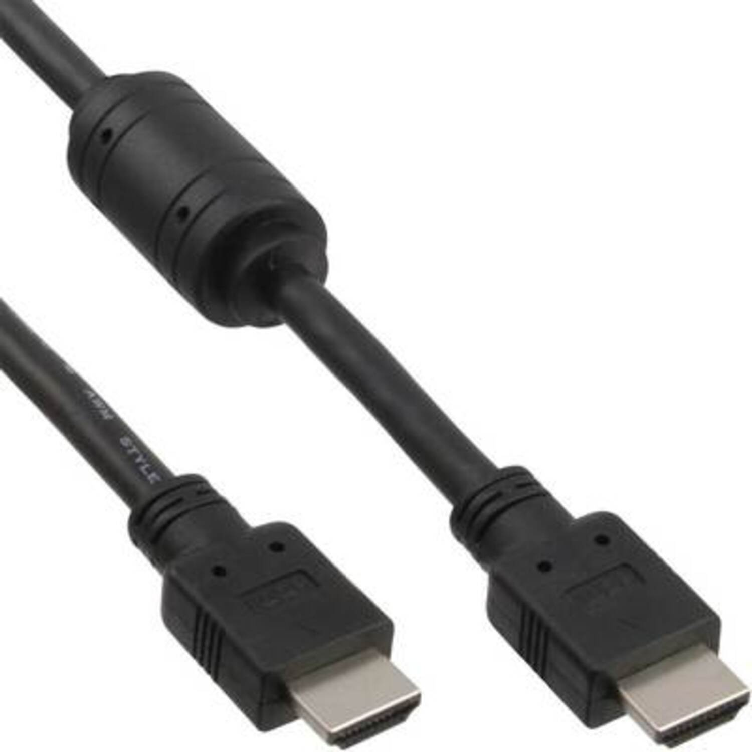 Schwarzes HDMI-Kabel mit Anschlüssen, vor weißem Hintergrund.