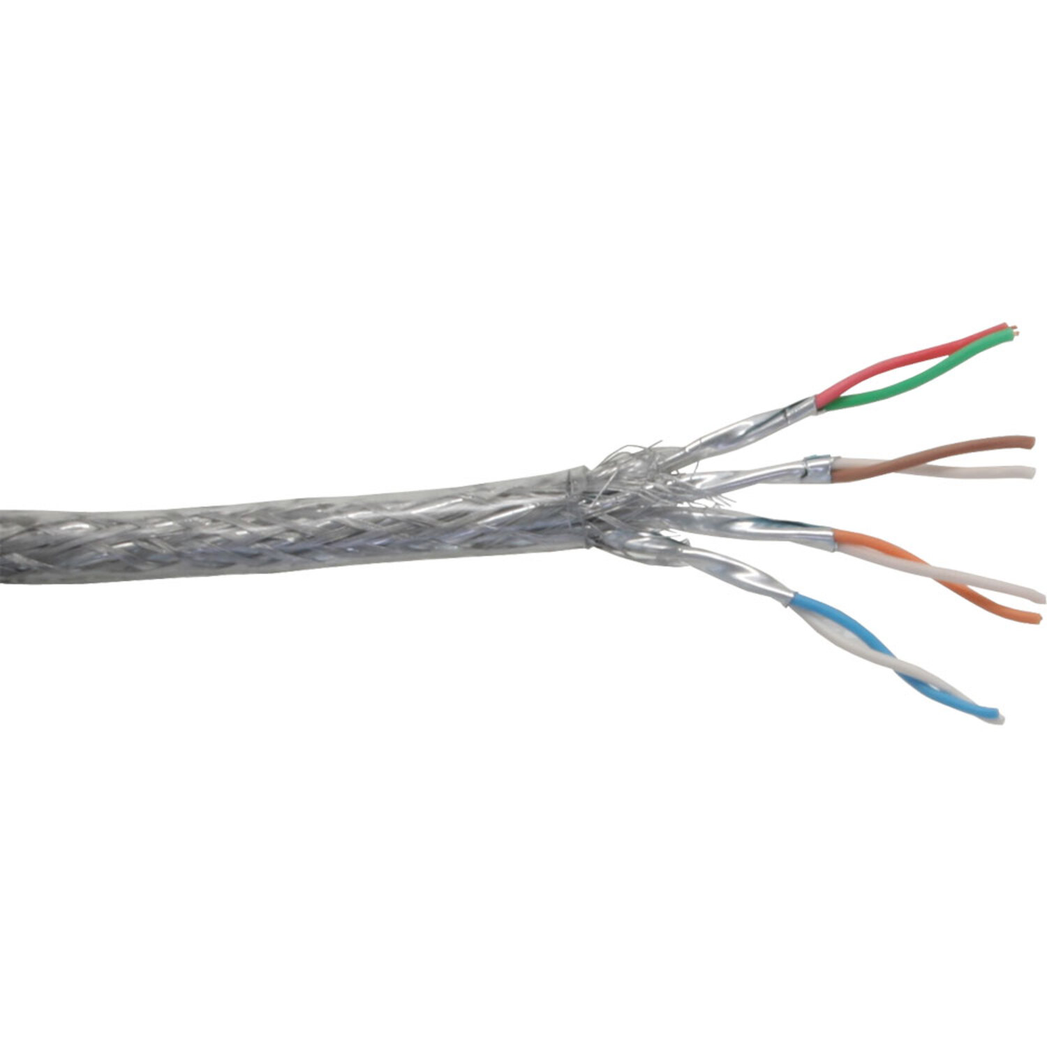 Ein silbernes Kabel mit freiliegenden, mehrfarbigen Drähten. Rot, grün, braun, orange und blau sind sichtbar.