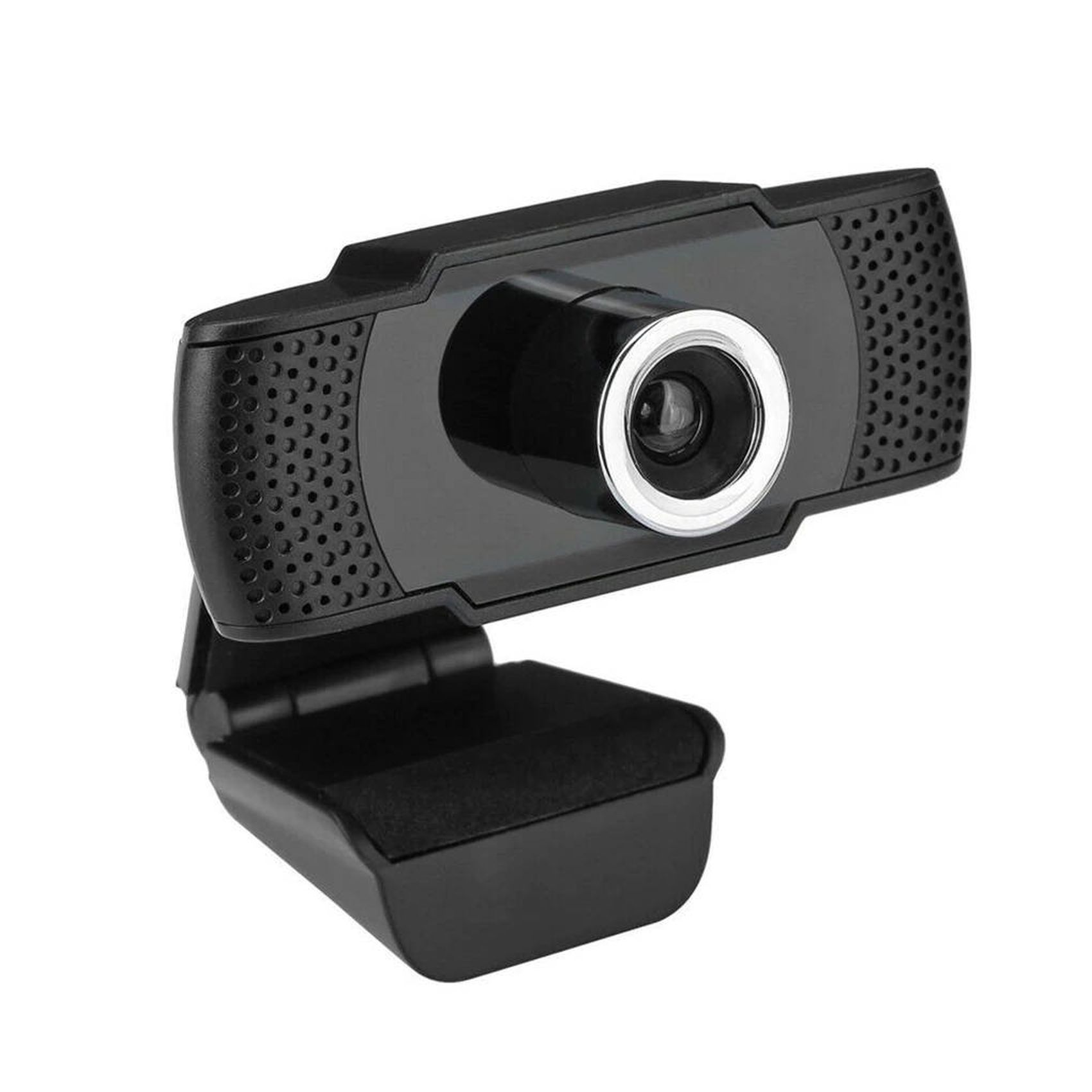 Schwarze Webcam mit Objektiv und eingebautem Mikrofon. Sie hat einen faltbaren Sockel.