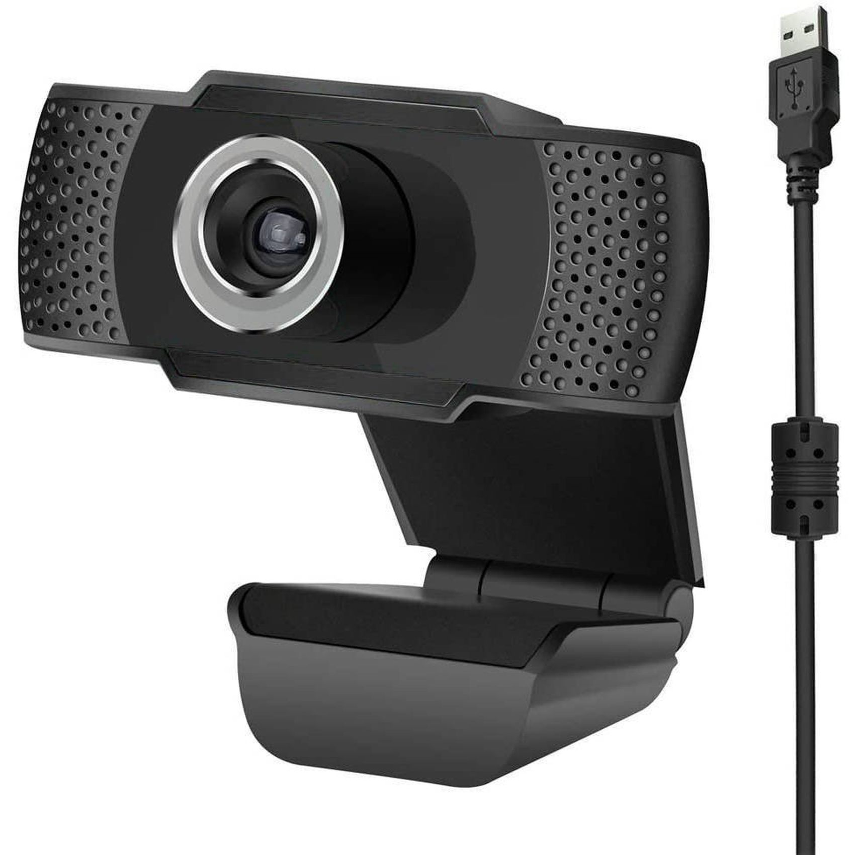 Schwarze Webcam mit silbernem Objektivring und USB-Kabel. Sie hat einen Ständer.