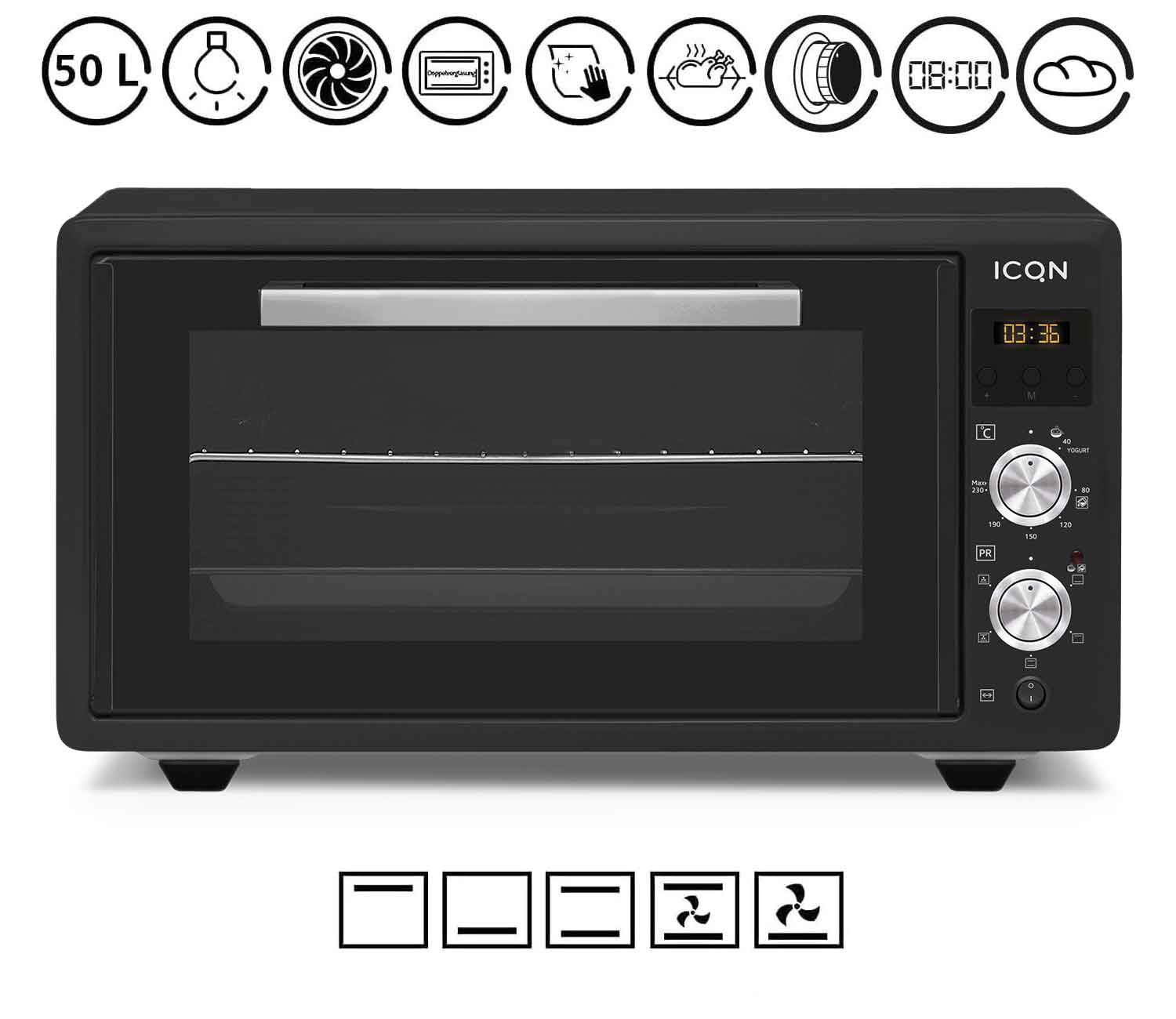 ICQN 50 Liter Timer | mit und | LED-Anzeige Pizza-Ofen | Umluft Popup-Knöpfe Mini Backofen Digital Minibackofen