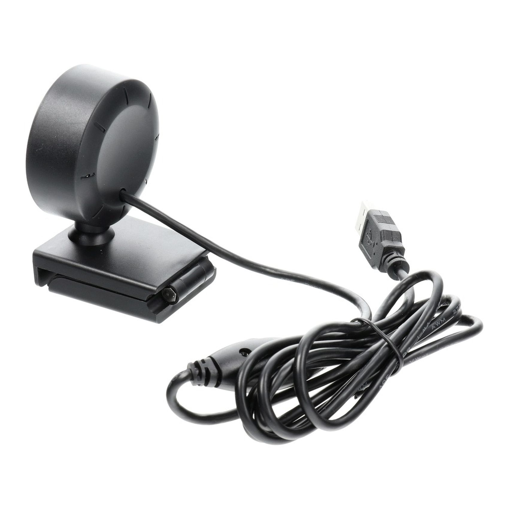 Schwarze Webcam mit USB-Kabel. Weißer Hintergrund.