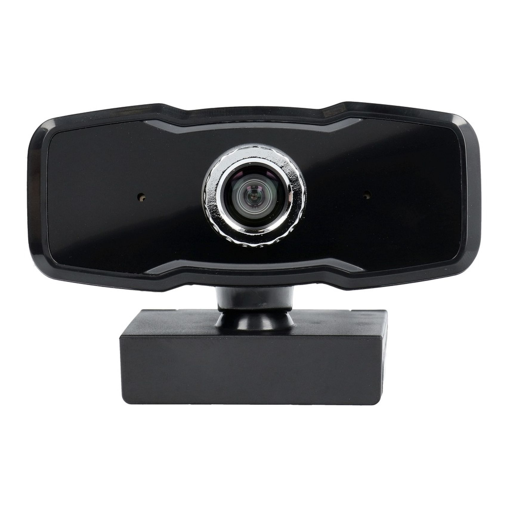 Schwarze Webcam mit Linse und Sockel.