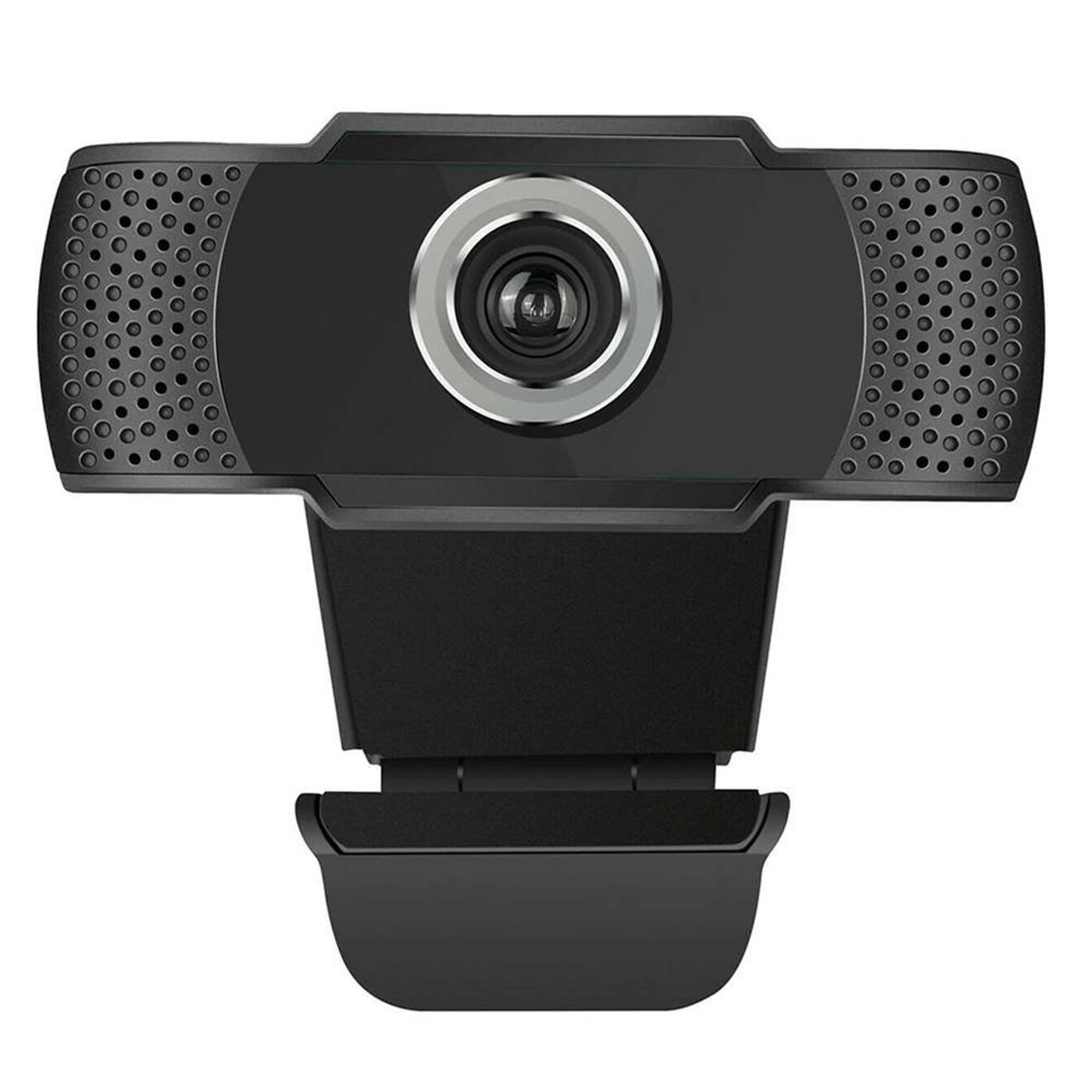 Eine schwarze Webcam. Sie hat ein Objektiv, umgeben von Lautsprechern und einem Ständer.