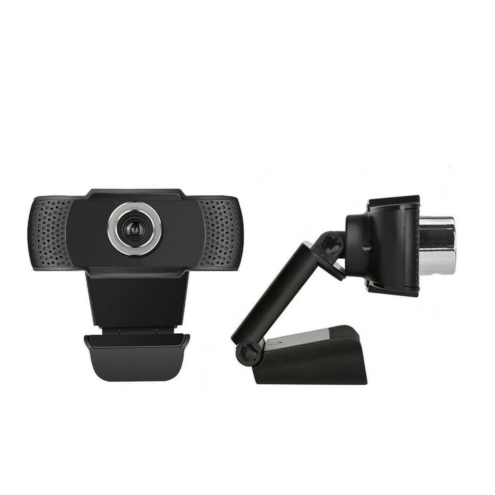 Schwarze Webcam mit zwei Ansichten: vorne und seitlich, auf weißem Hintergrund.