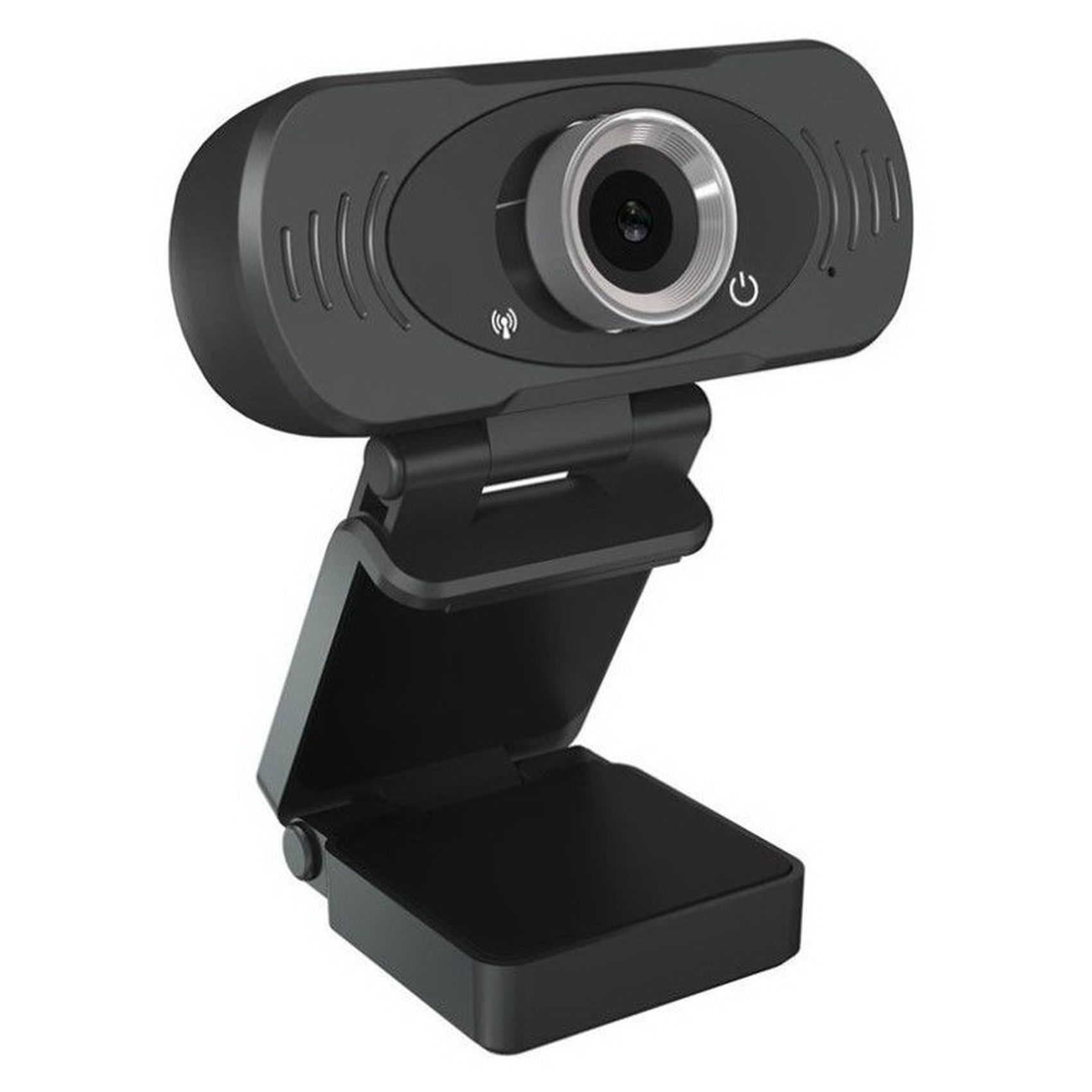 Eine schwarze Webcam mit Linse und Ständer. Die Webcam hat eine Ein-/Aus-Taste.