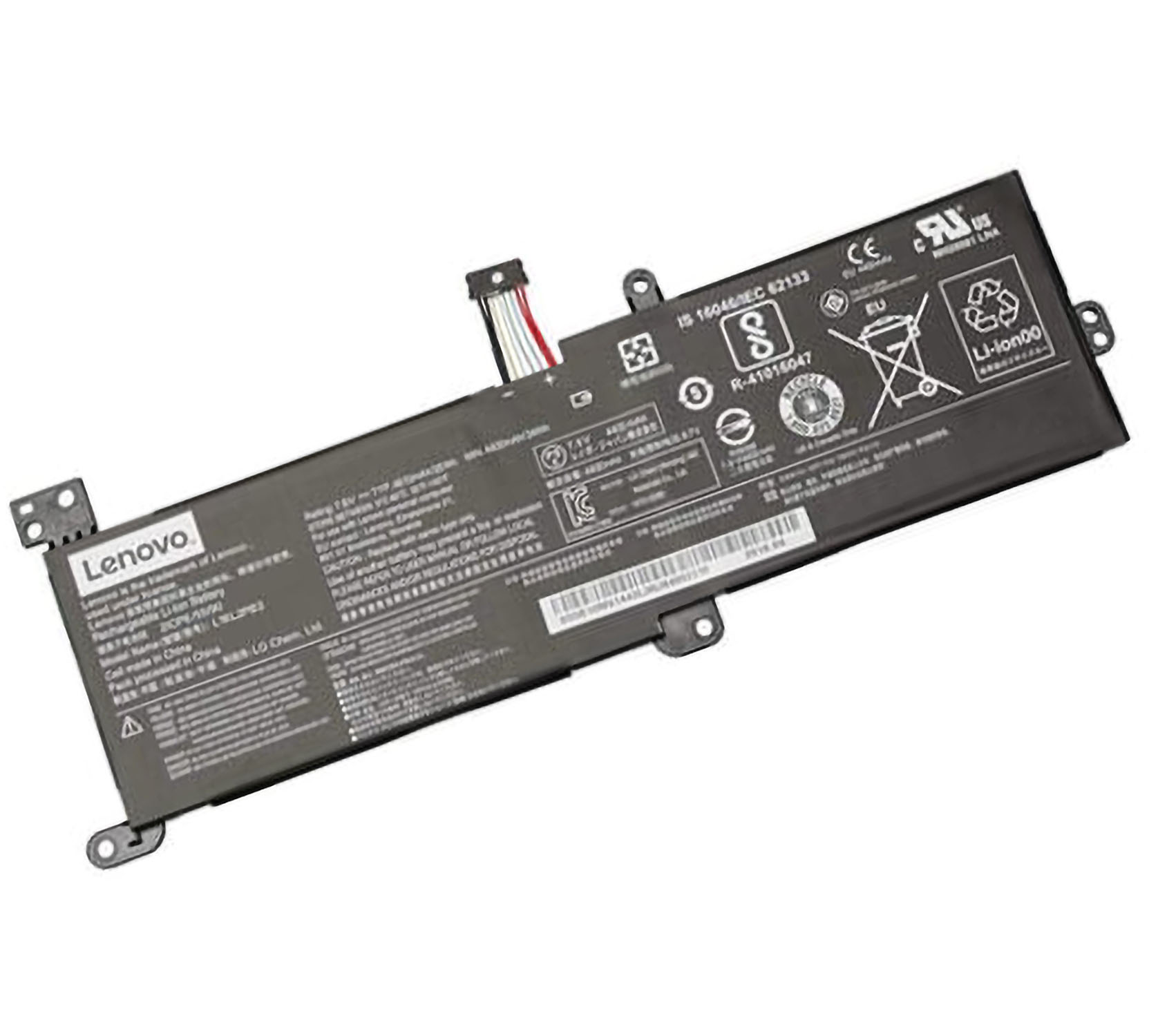 Schwarzer Lenovo Laptop-Akku mit Etiketten und Stecker auf weißem Grund.