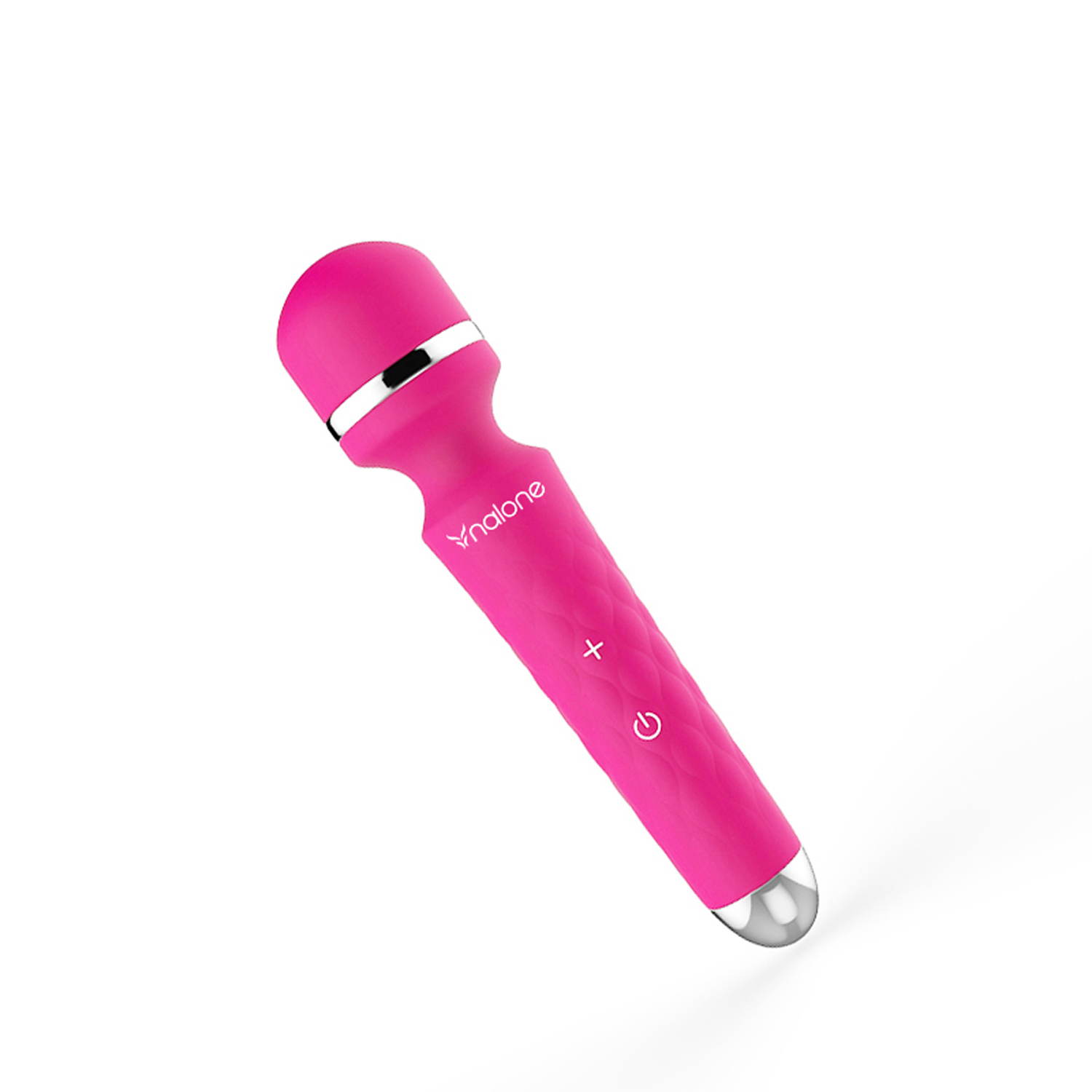 Un vibrador rosa brillante con detalles plateados y botones de control.