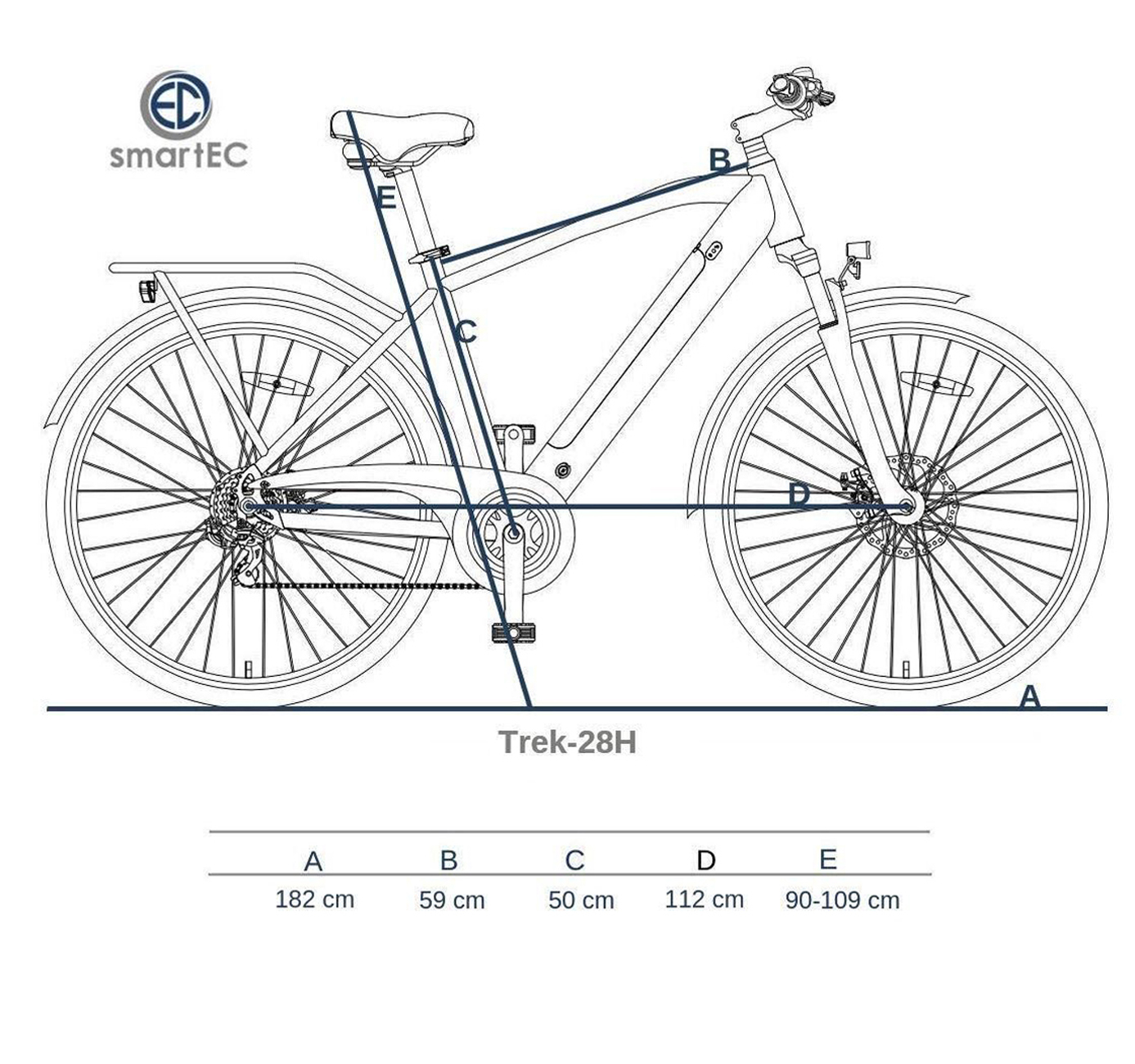 Fahrradschema mit den Maßen A-E, Modell Trek-28H.