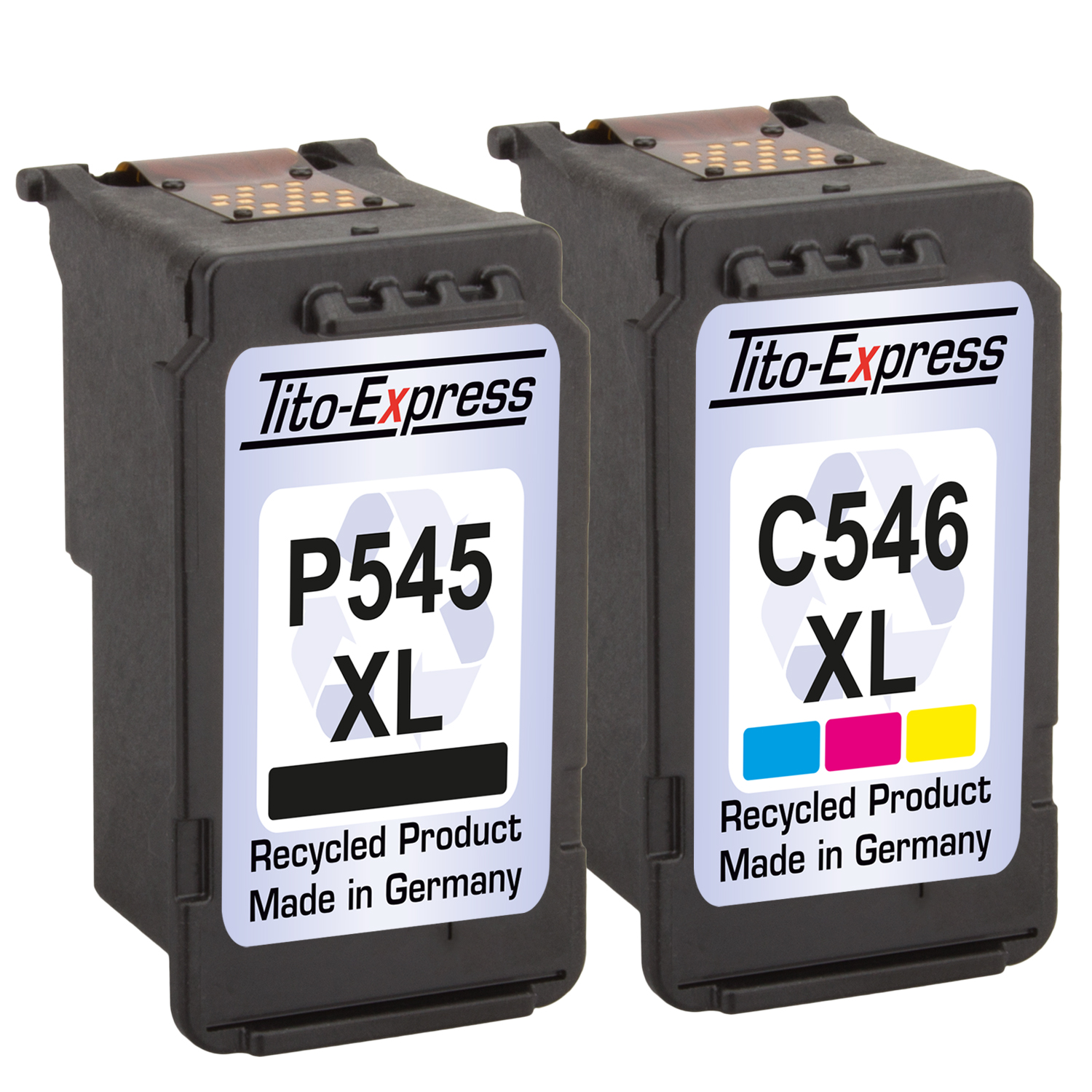 Zwei schwarze Tintenpatronen mit Etiketten, eine mit P545 XL, die andere C546 XL.