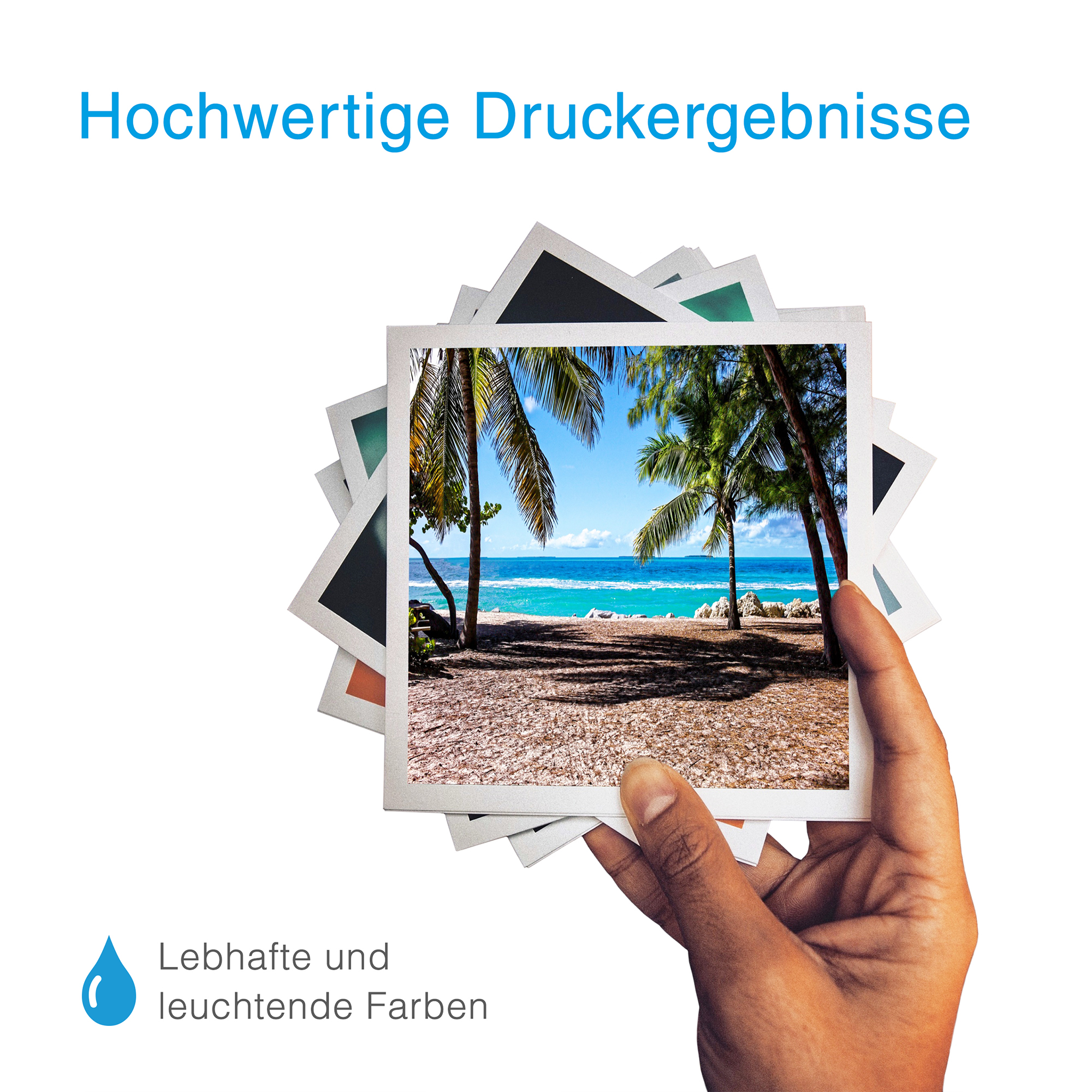 Eine Hand hält mehrere quadratische Fotos einer Strandszene. Die Fotos befinden sich auf einem weißen Hintergrund mit Text.