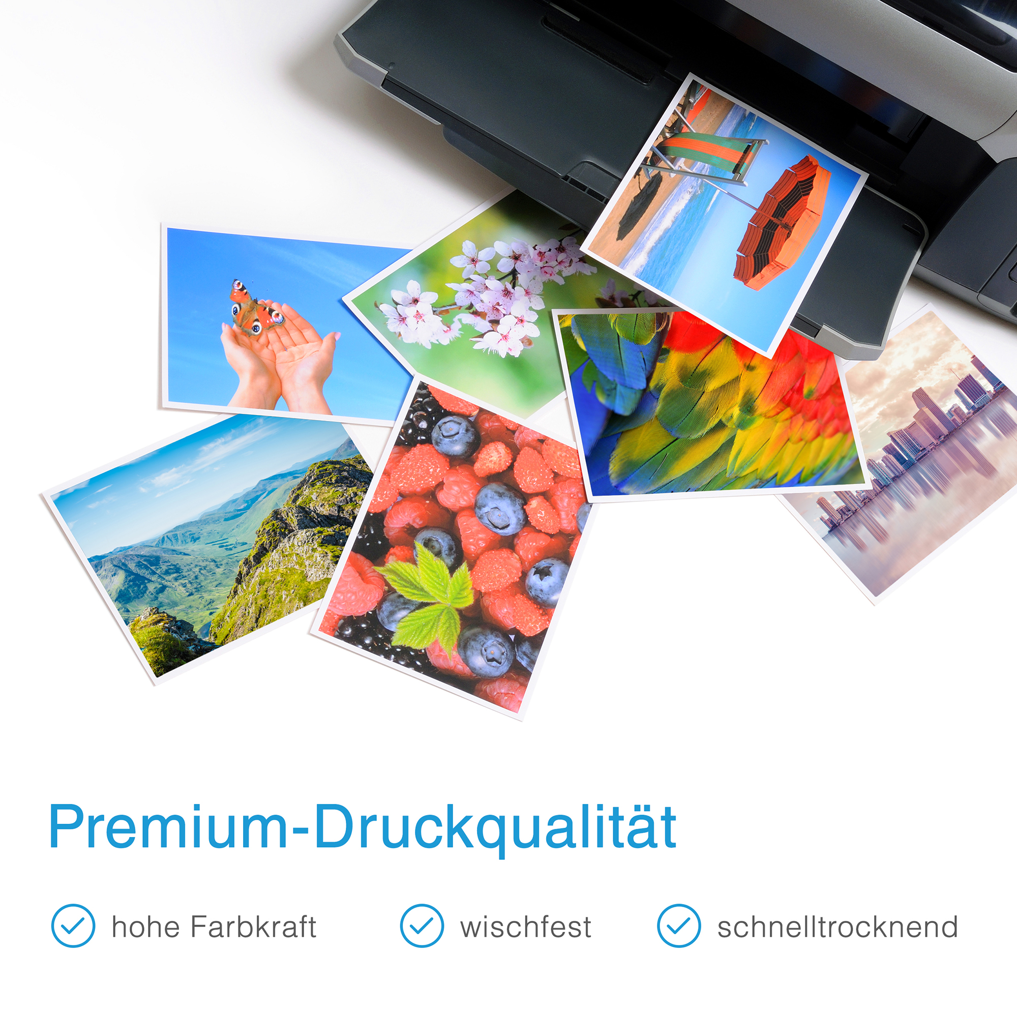 Gedruckte Fotos auf weißer Oberfläche. Der Text lautet 'Premium-Druckqualität'. Bilder zeigen Natur und Kunst.