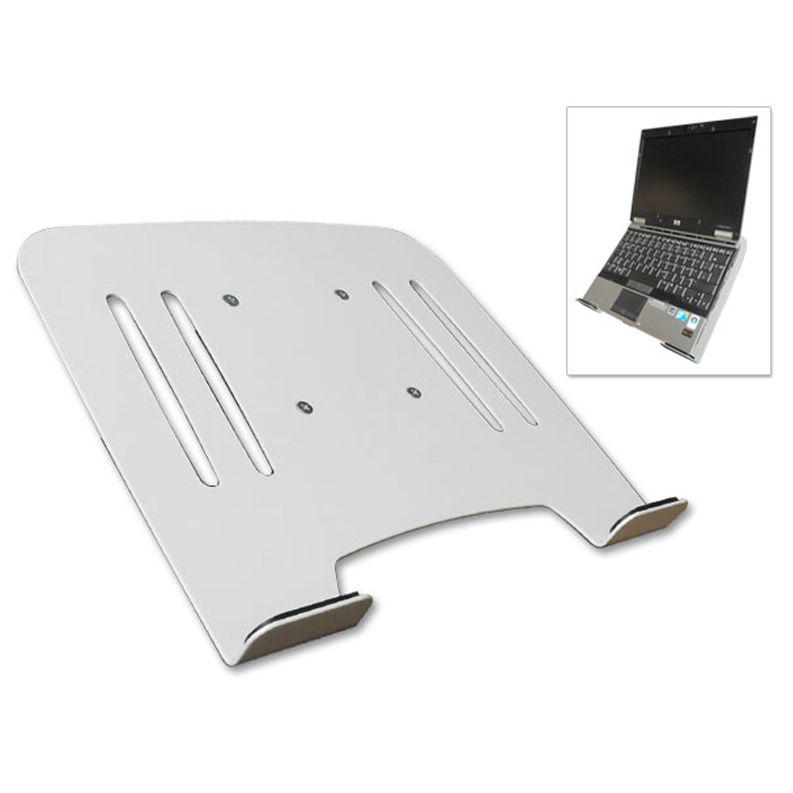 Weißer Laptopständer mit einem Laptop. Der Laptop befindet sich in der Ecke. Der Hintergrund ist weiß.