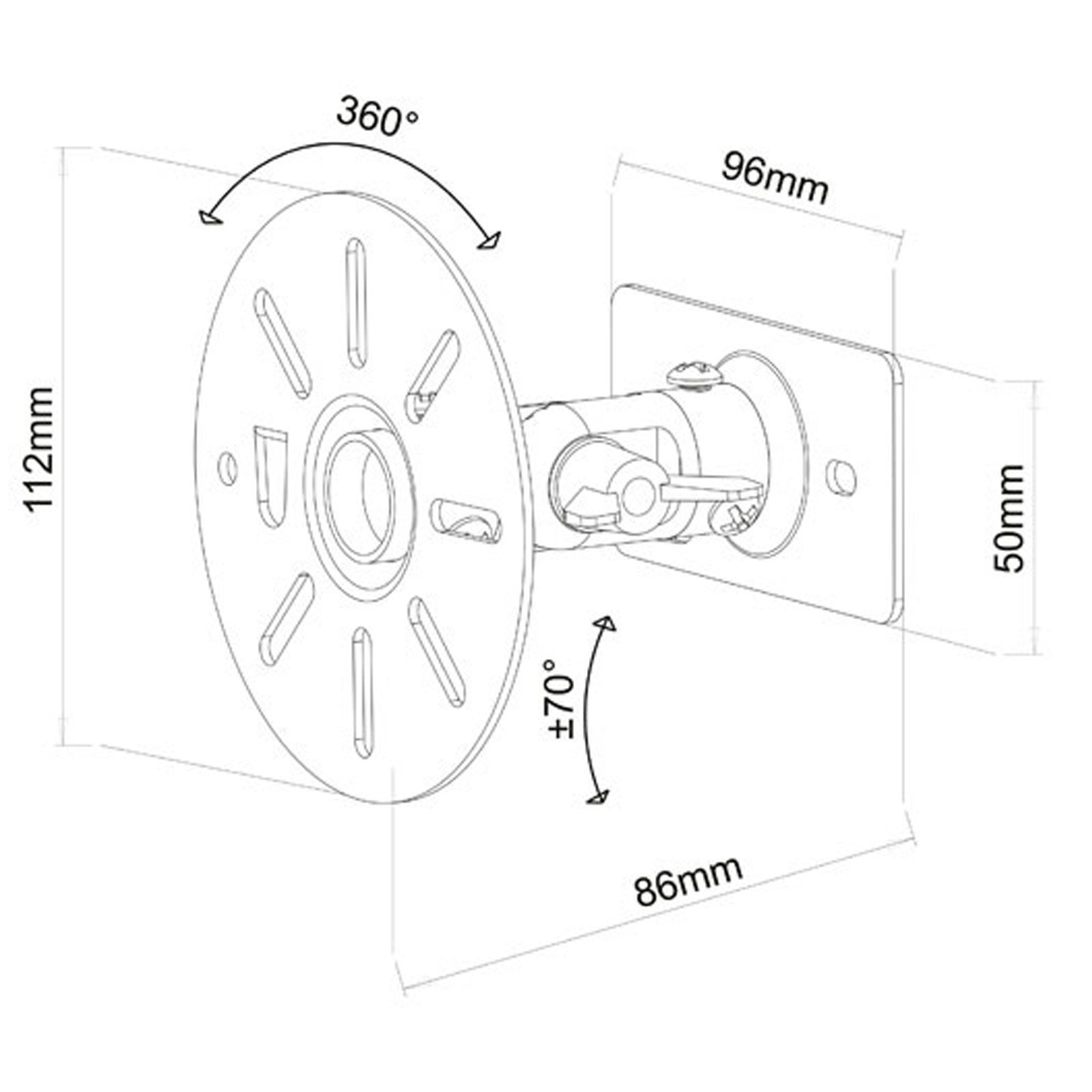 Wandhalterung für Elektronik, mit Abmessungen. Enthält eine Drehscheibe und Halterung.