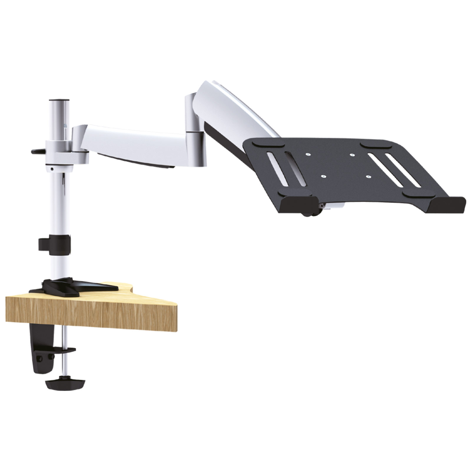 Laptopständer mit silbernem Arm, schwarzer Plattform und Holzsockel, weißer Hintergrund.