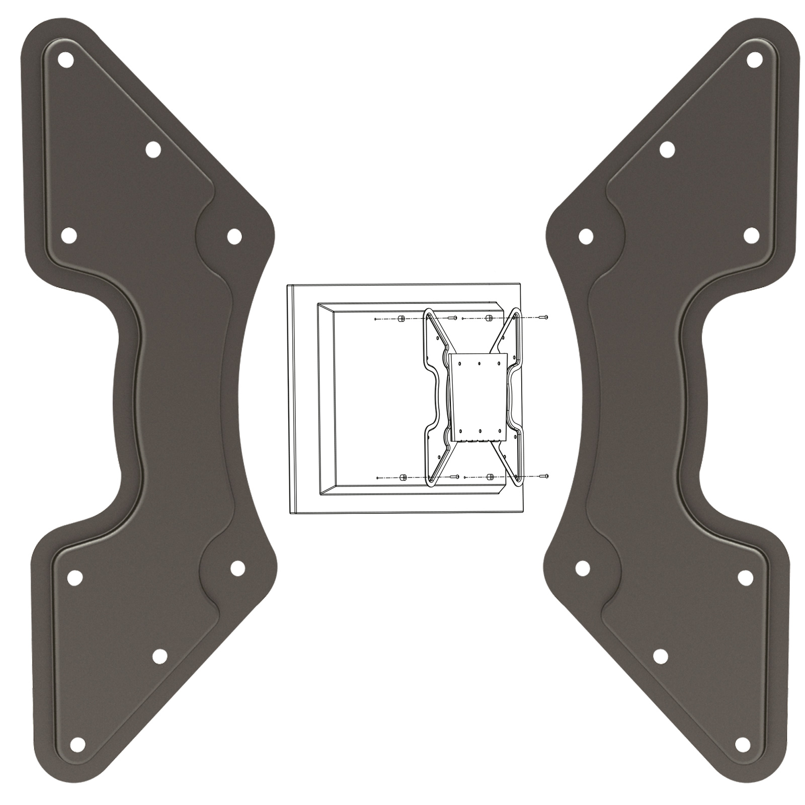Zwei Metallhalterungen mit Schraubenlöchern und eine Zeichnung einer Montagevorrichtung.