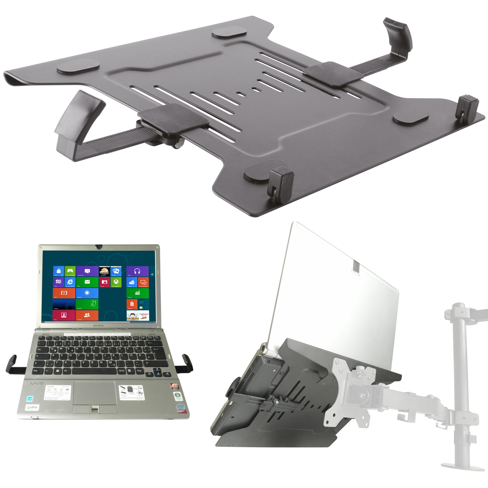Laptop und Laptopständer. Der Ständer ist silberfarben und hält den Laptop. Der Monitor befindet sich auf dem Ständer.