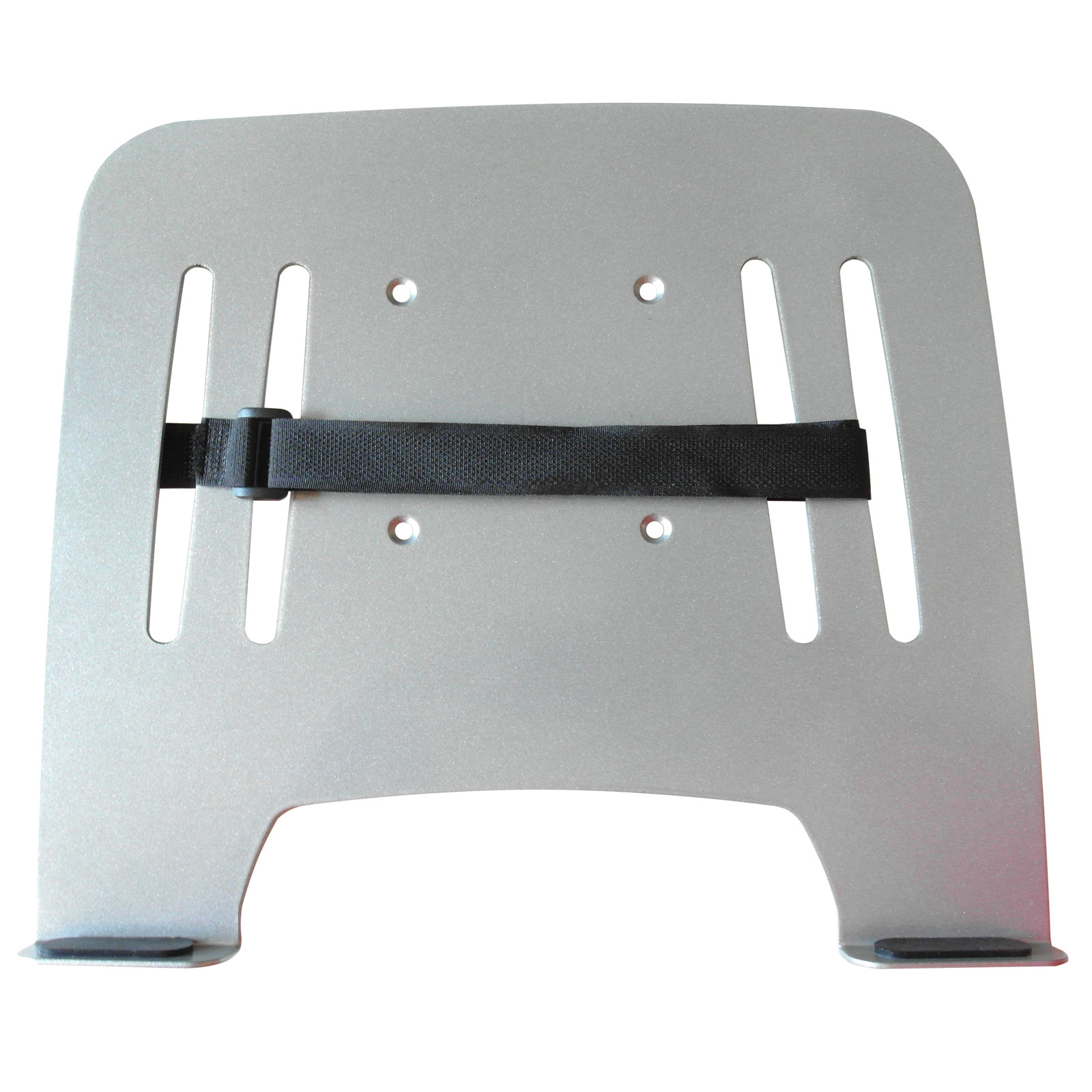 Silbernes Laptop-Kühlpad mit schwarzem Riemen. Hat ein geschlitztes Design zur Belüftung.