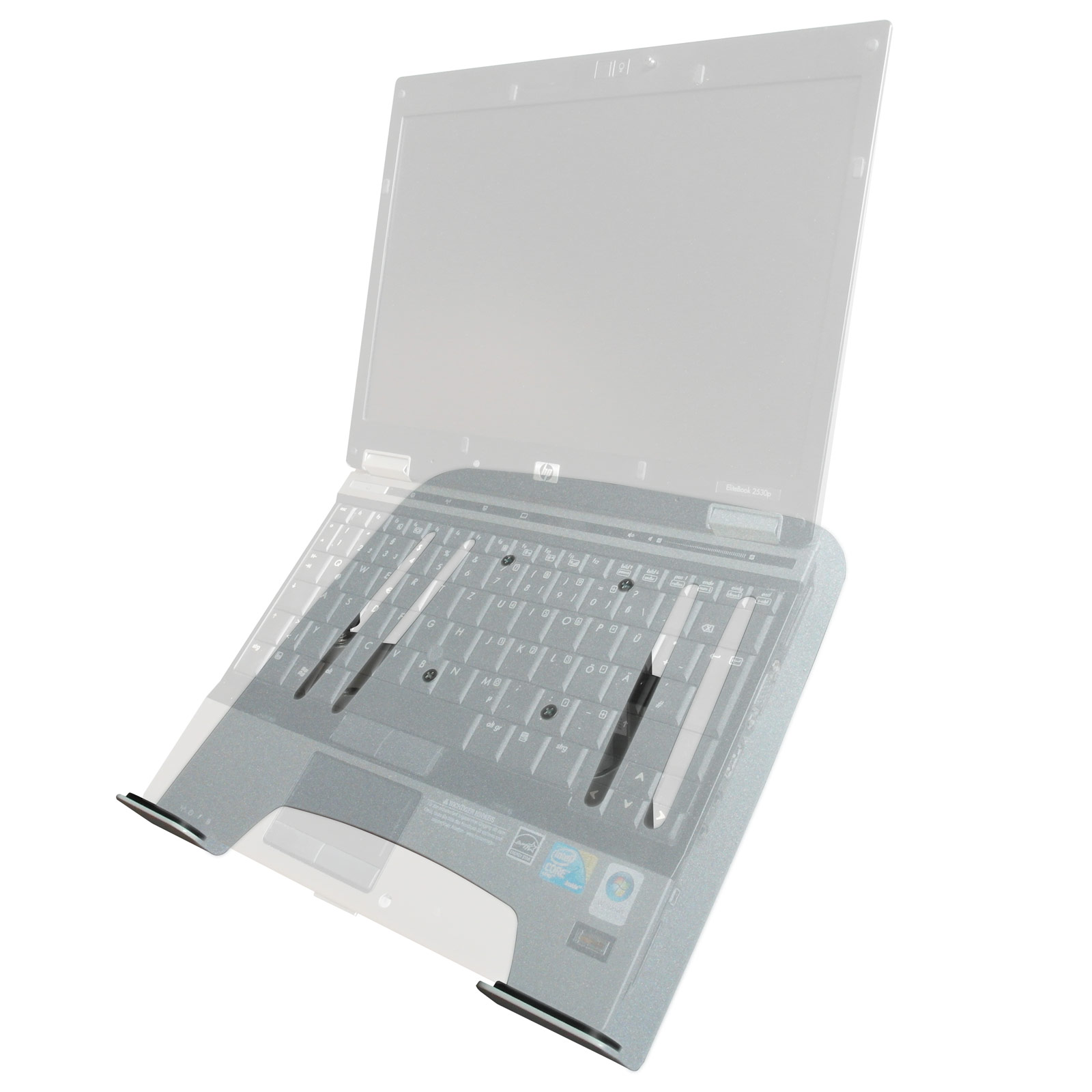 Laptop-Tastatur mit Winkelständer. Der Laptop ist transparent, auf weißem Hintergrund.