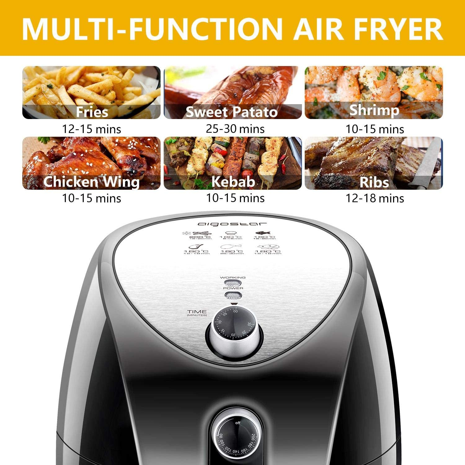 Friggitrice ad aria multifunzione con immagini di cibi e tempi di cottura. Include patatine fritte, kebab.
