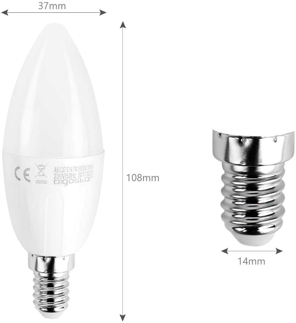 Una lampadina LED bianca a candela (108mm H, 37mm L) e una base a vite E14 (14mm).