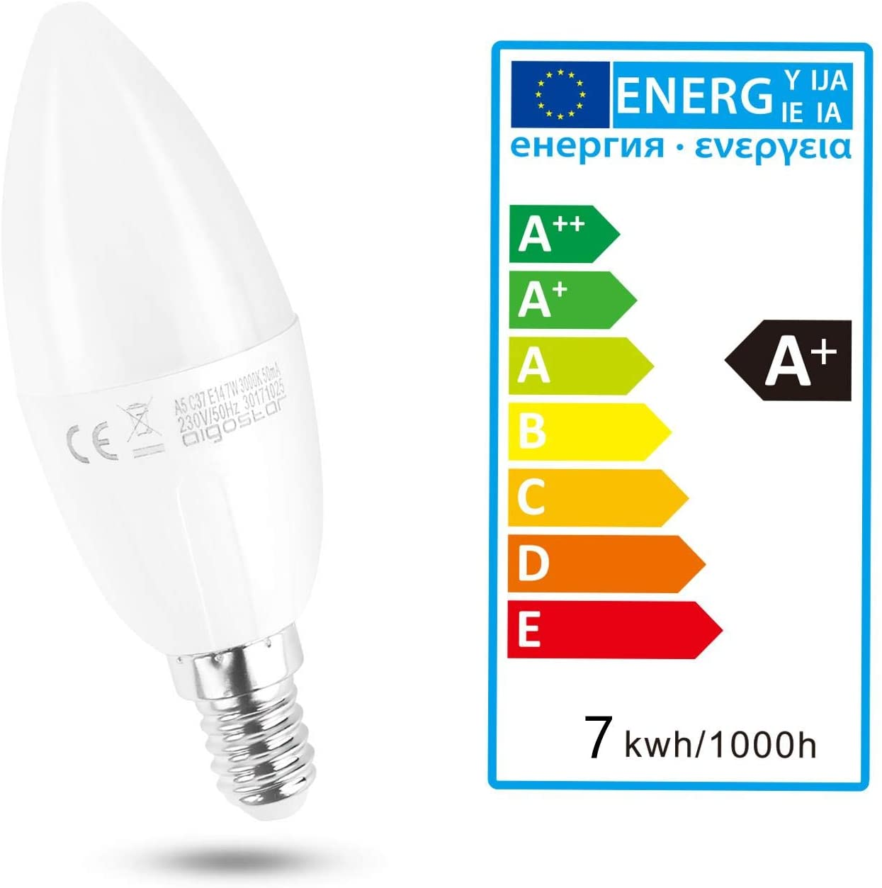 Una lampadina a candela bianca con base E14 e etichetta energetica A+.