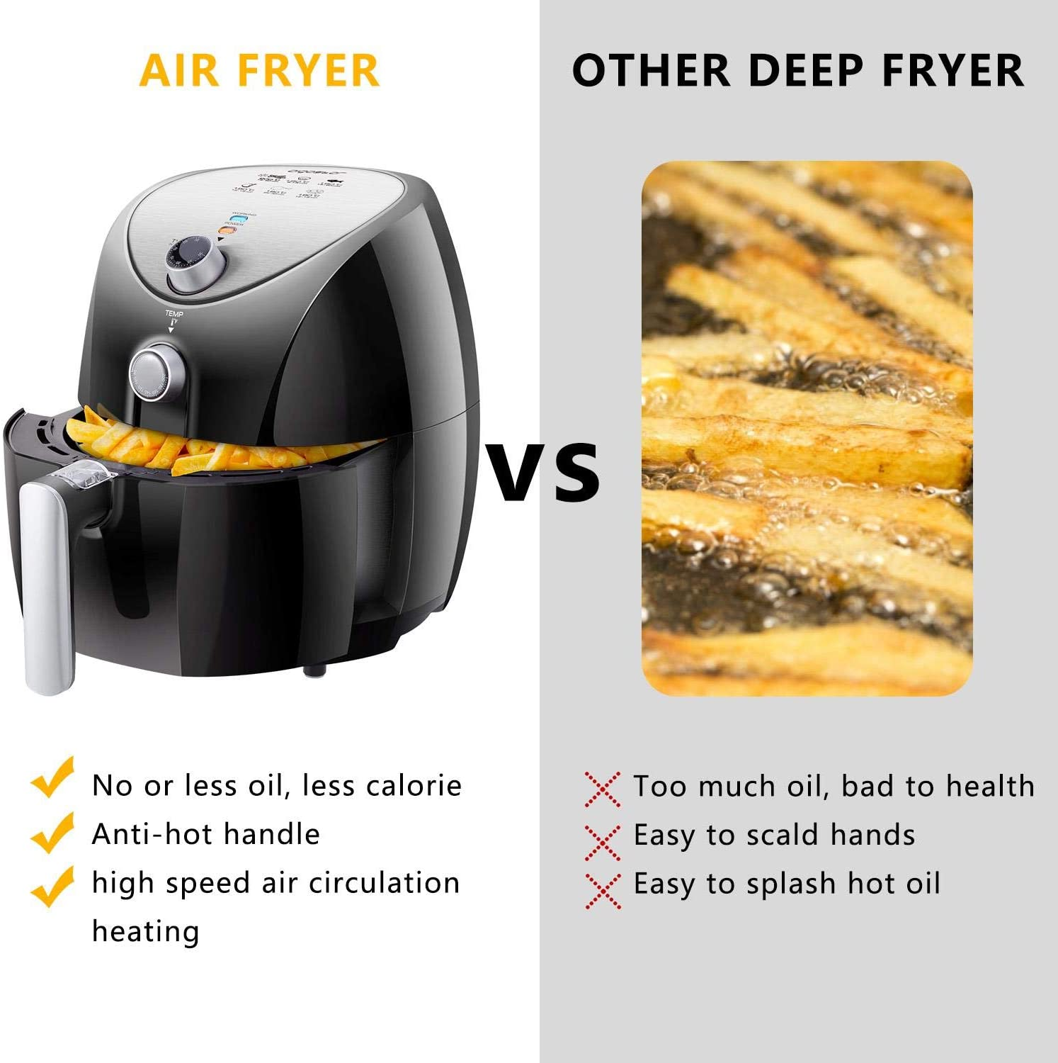 Confronto tra una friggitrice ad aria e una friggitrice. La friggitrice ad aria ha meno olio e manico antiscottatura.