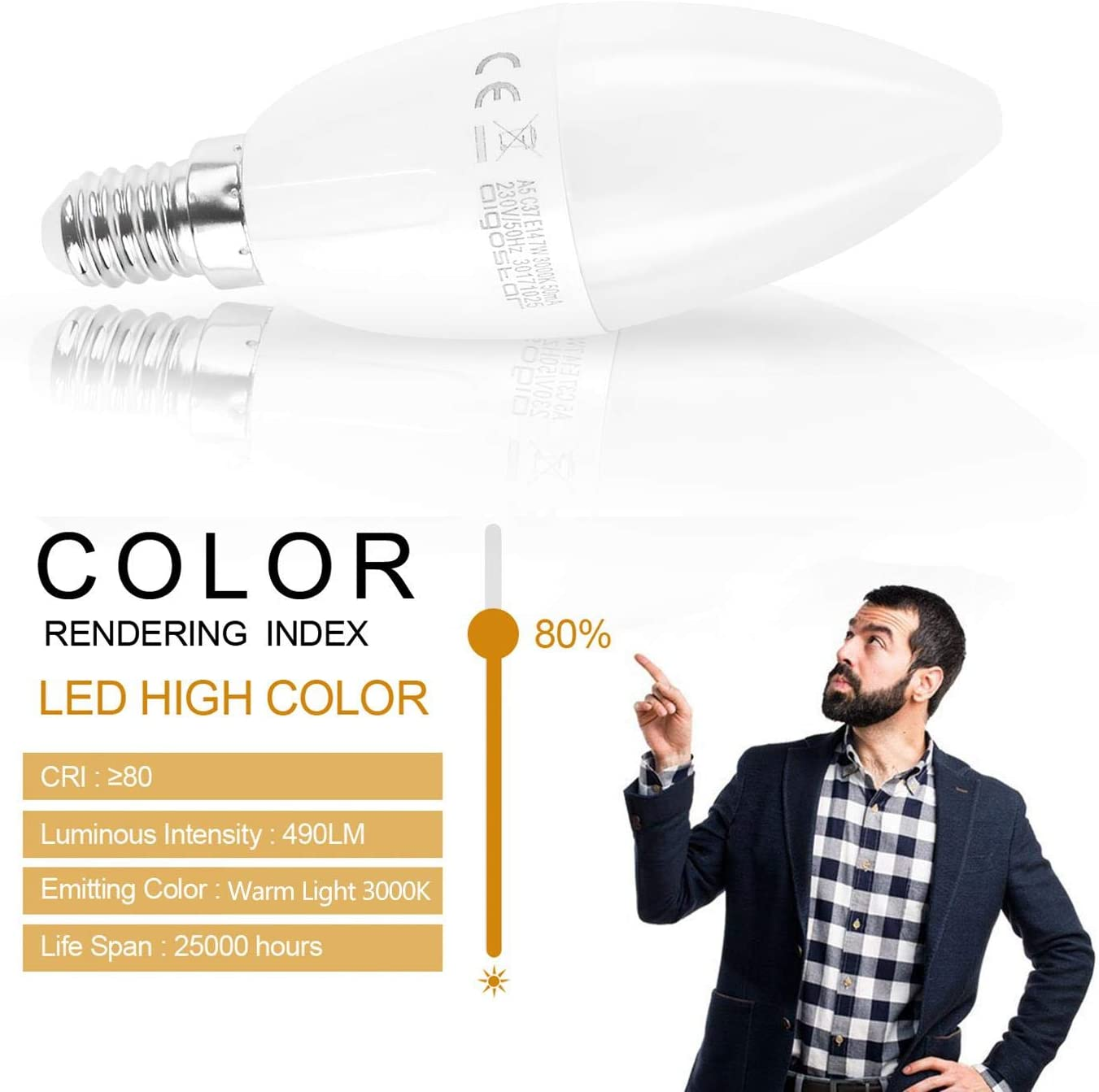 Una lampadina LED bianca con specifiche tecniche e un uomo che indica una scala.