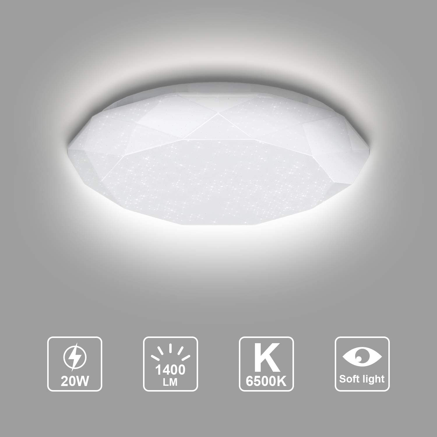 Lampada da soffitto bianca moderna con superficie sfaccettata e motivo a stelle.
