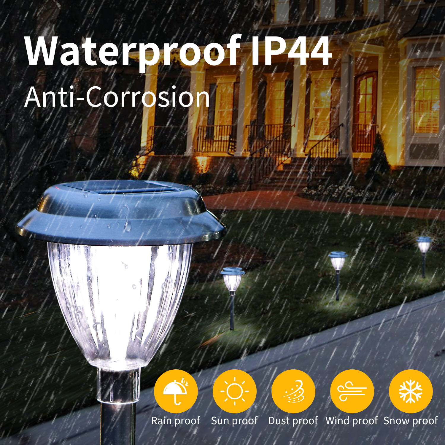 Luci solari da giardino sotto la pioggia. Testo in alto: Impermeabile IP44 Anti-Corrosione. Icone meteo.