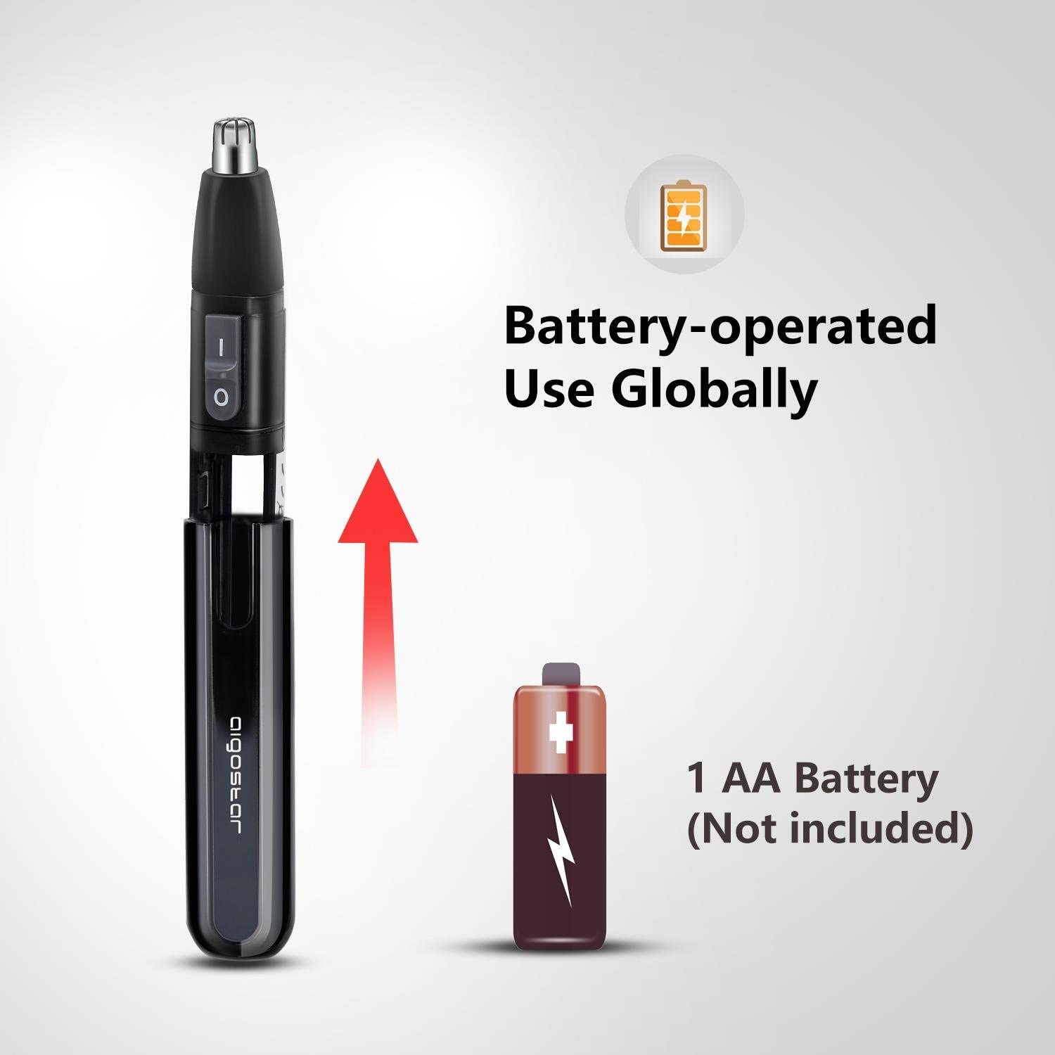 Tagliacapelli nero per peli del naso con batteria e testo sul prodotto.