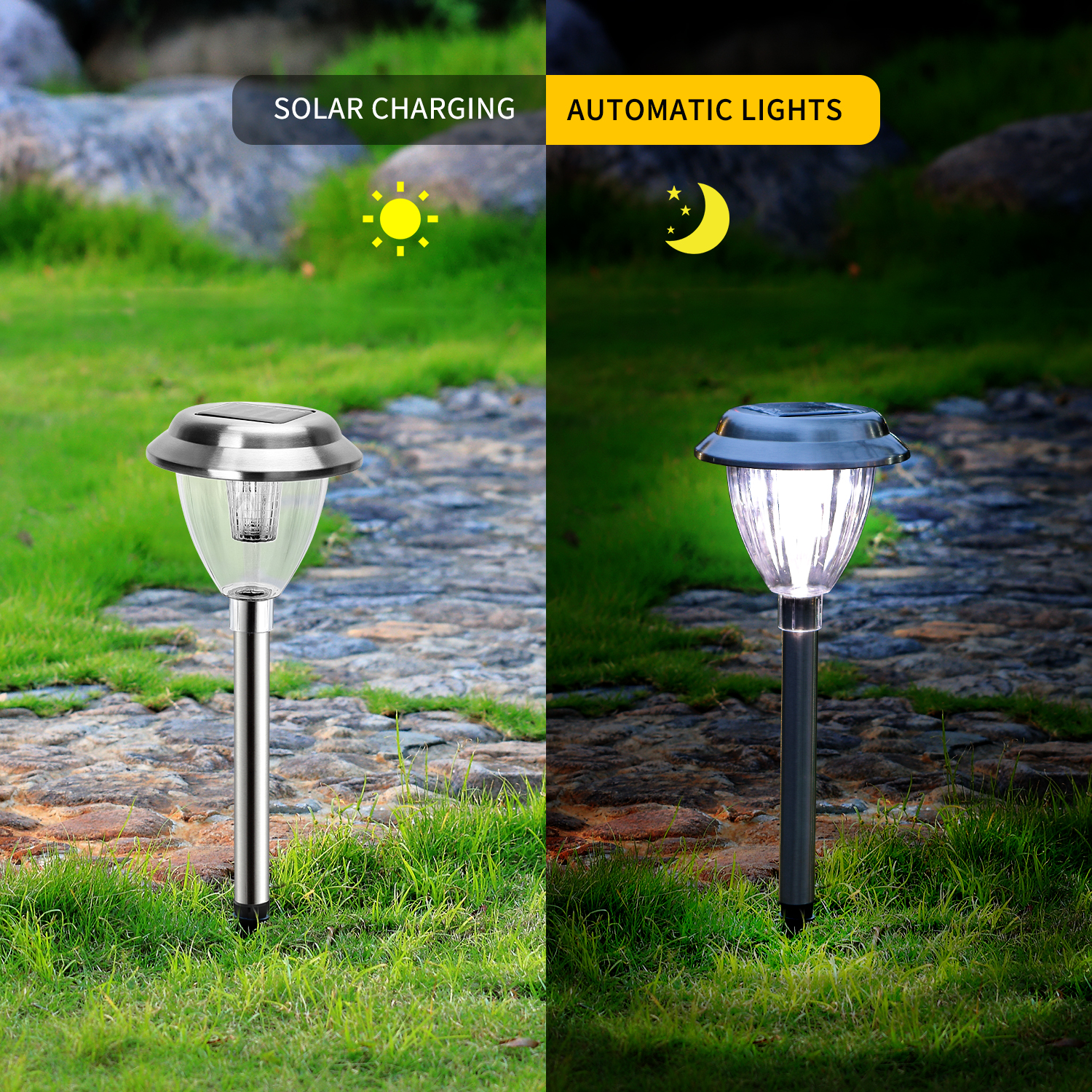 Luci solari da giardino, una accesa di notte, l'altra spenta di giorno. Erba e rocce sullo sfondo.