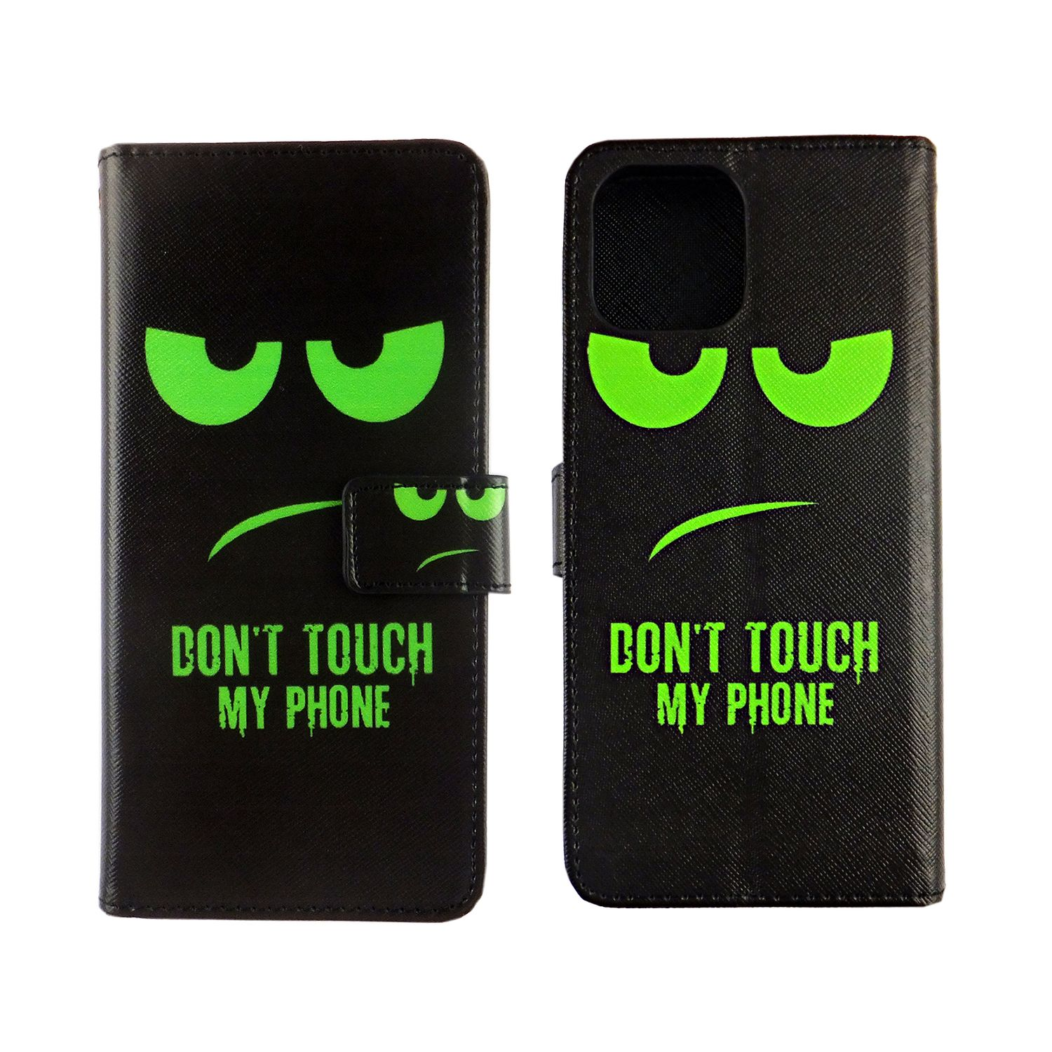 Eine schwarze Handyhülle zeigt auf beiden Seiten ein grünes Gesicht mit den Worten 'DON'T TOUCH MY PHONE'.
