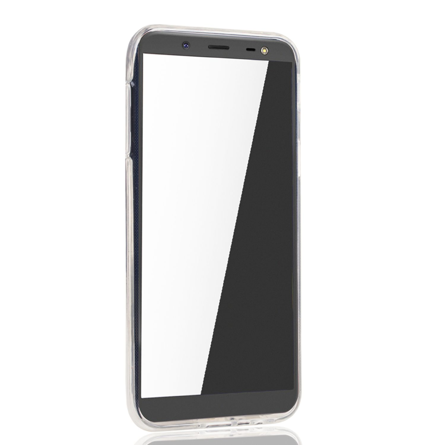Ein schwarzes Smartphone mit weißem Bildschirm in einer transparenten Hülle. Kamera oben.