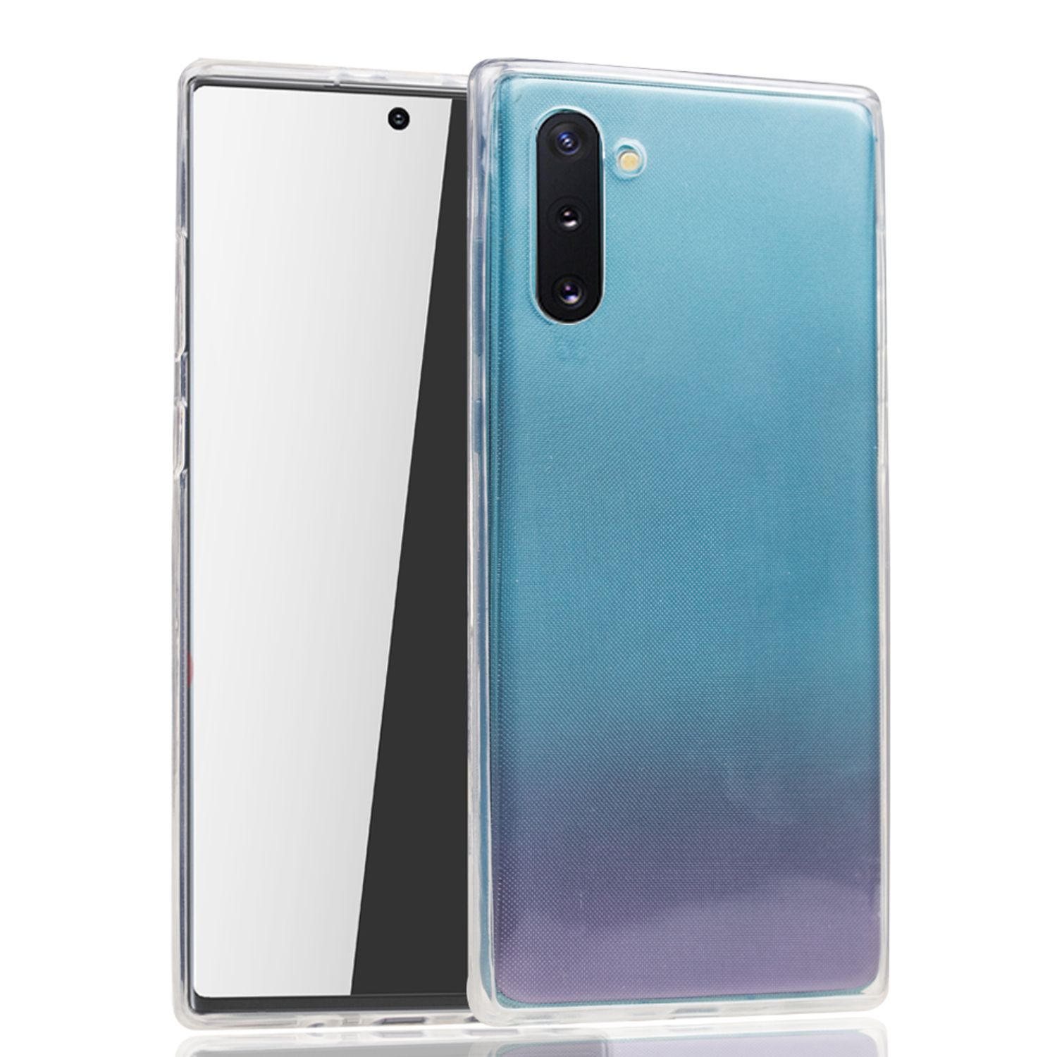 Ein Telefon in einer durchsichtigen Hülle. Blauer bis lila Farbverlauf auf der Rückseite.