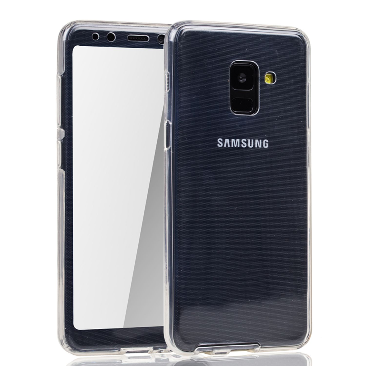 Eine transparente Handyhülle mit einem Telefon darin, vor weißem Hintergrund.