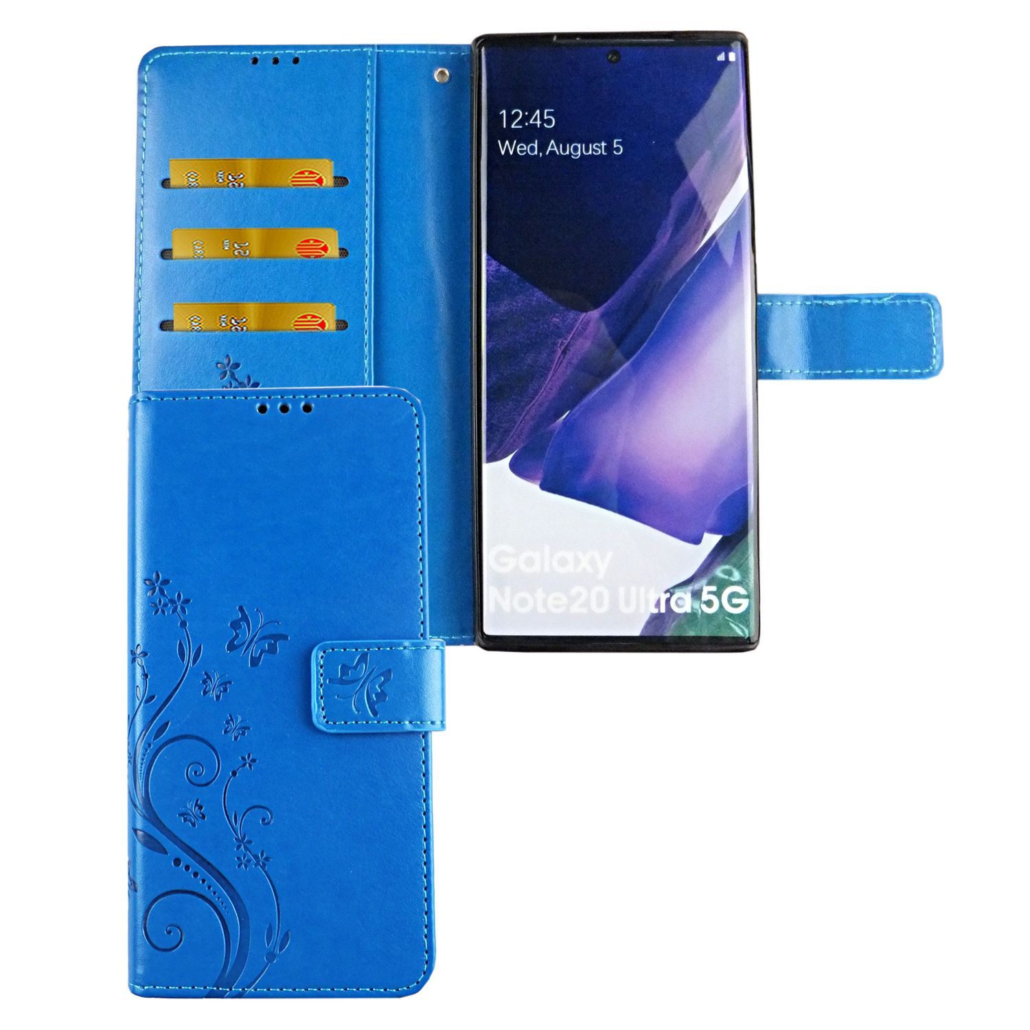 Blaue Handyhülle im Brieftaschenstil. Geldbörse offen mit sichtbarem Telefon. Weißer Hintergrund.