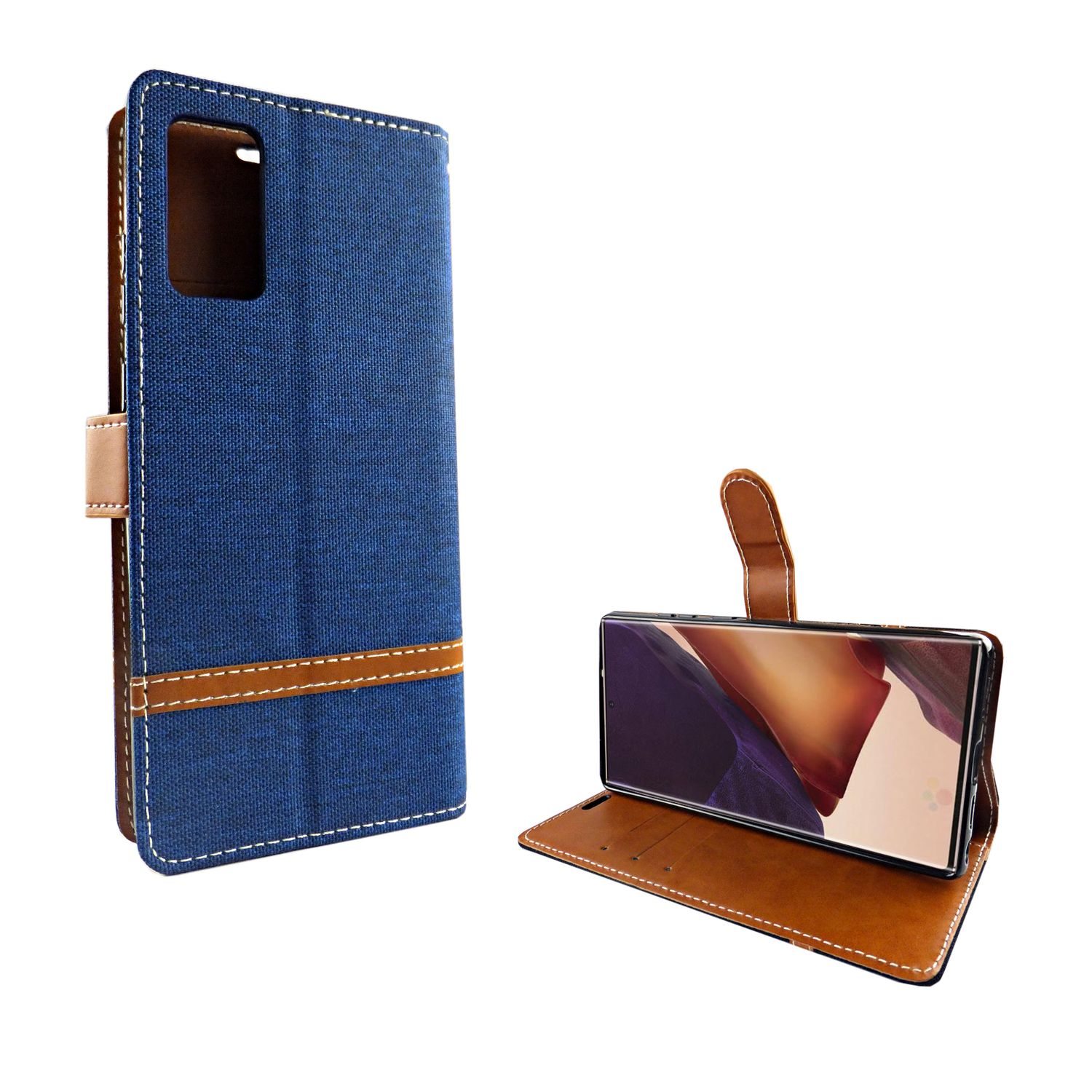 Blaue Handyhülle offen mit Telefon. Hellbraunes Leder und braune Nähte. Weißer Hintergrund.