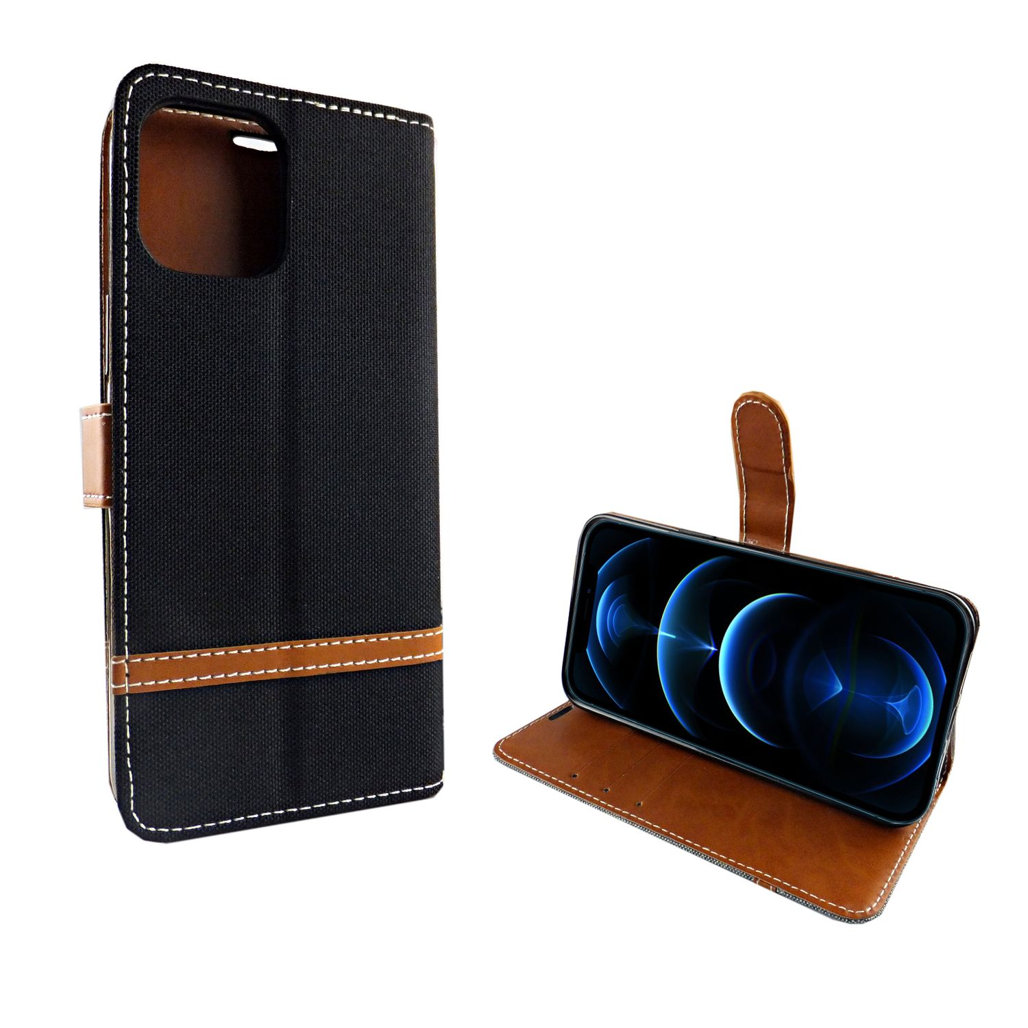 Eine schwarze Handyhülle mit einem schwarzen Telefon darin. Es hat einen braunen Lederakzent.