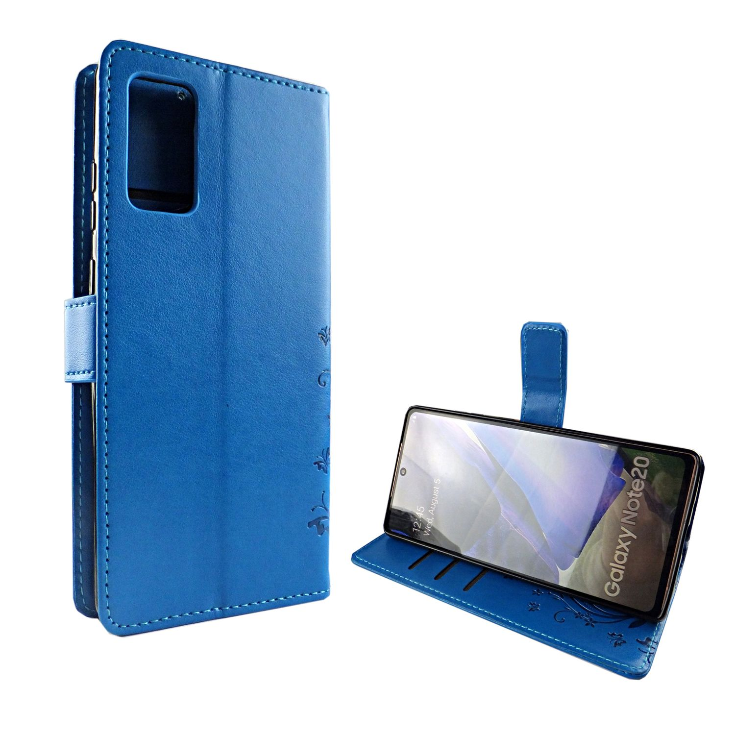 Blaue Handyhülle mit Telefon darin. Das Telefon zeigt den Galaxy Note20-Bildschirm. Die Hülle hat ein Blumenmuster.