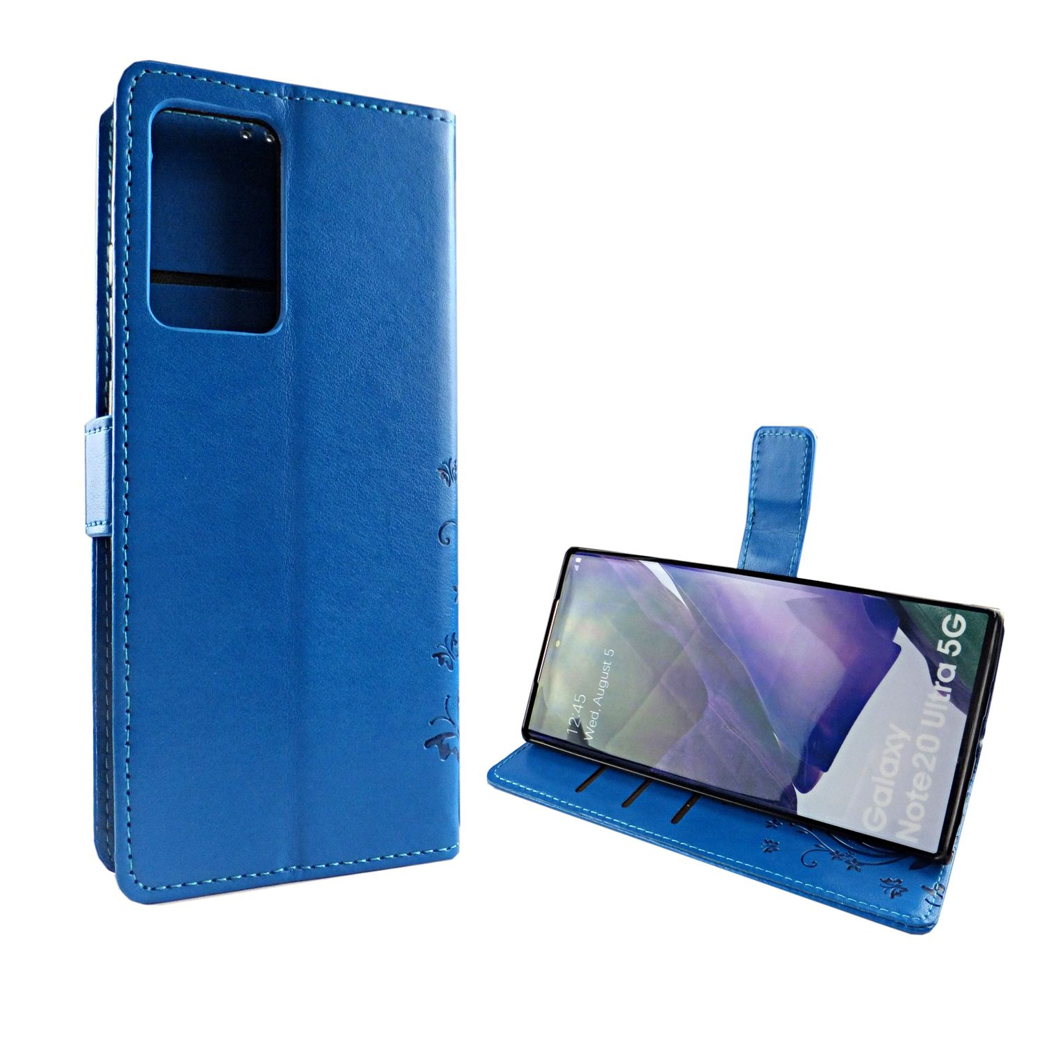 Blaue Handyhülle mit Telefon darin. Das Telefon zeigt das Datum. Beide auf weißem Hintergrund.